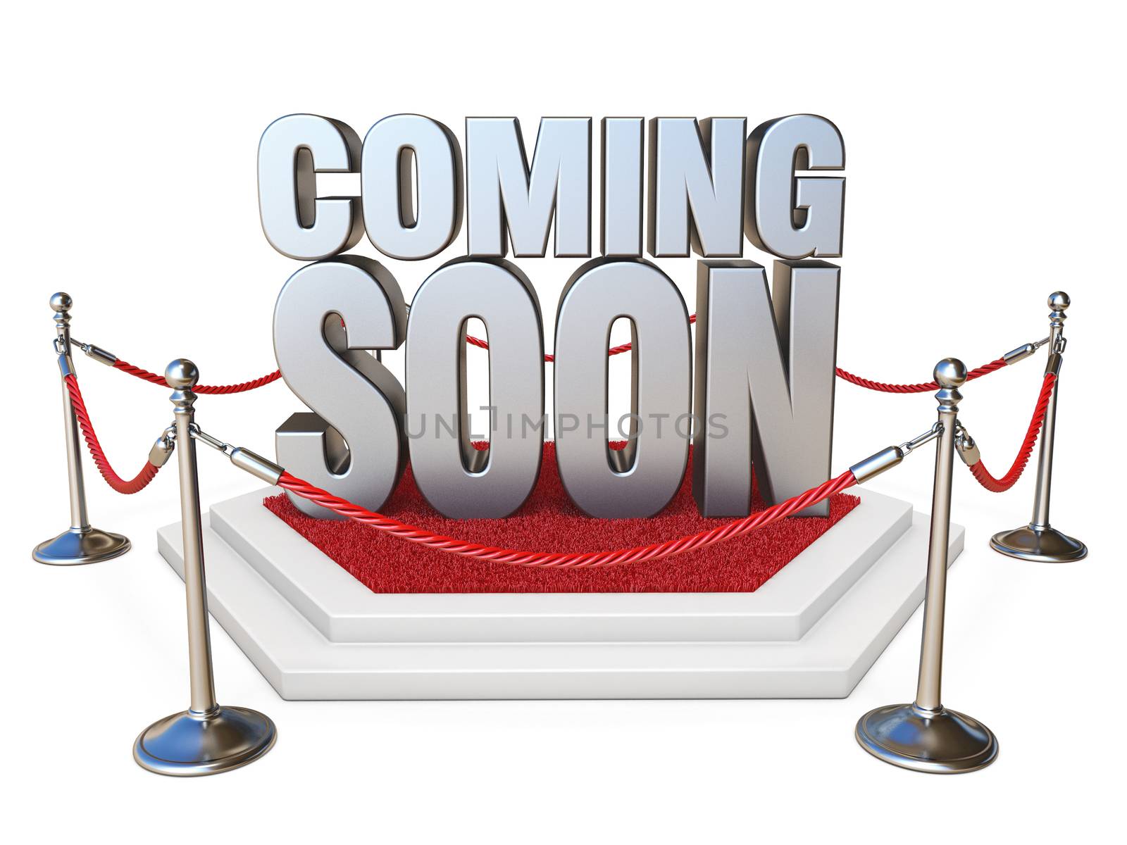 Text COMING SOON on podium with red carpet 3D render illustration isolated on white background