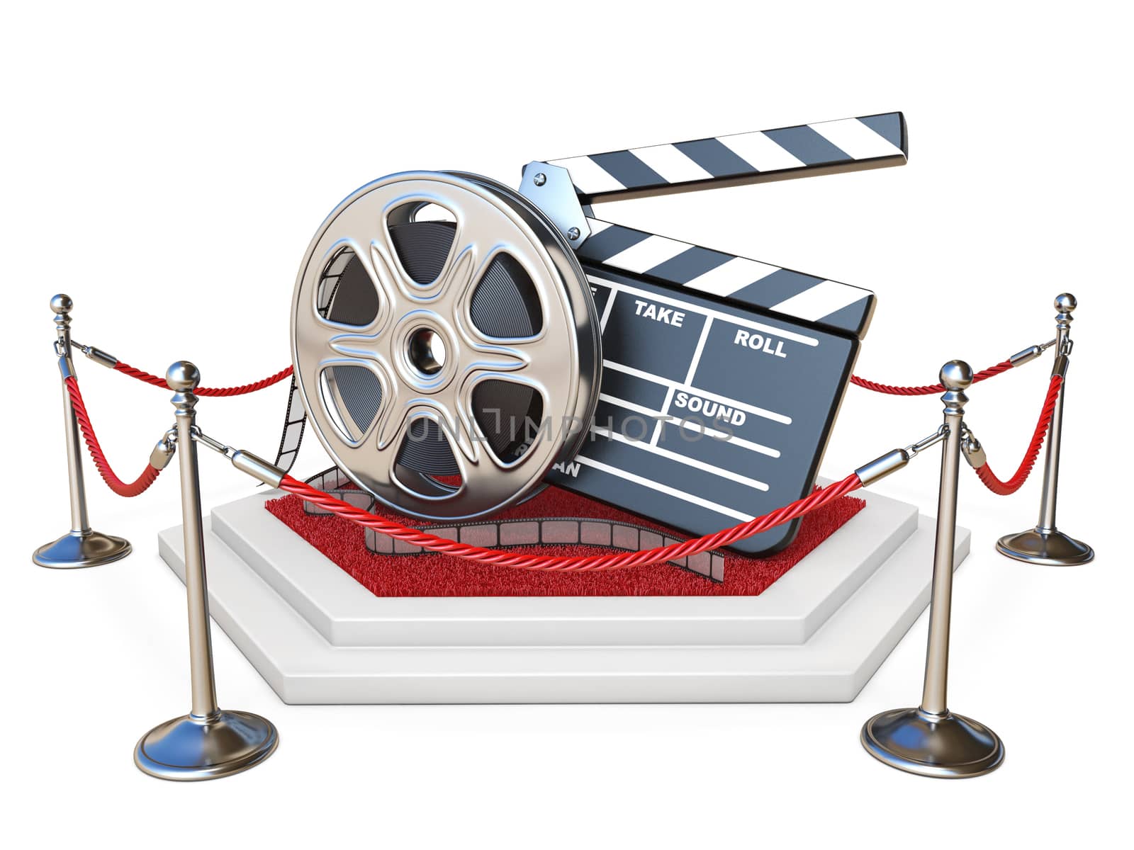 Film reel and clapper board on podium with red carpet 3D render illustration isolated on white background