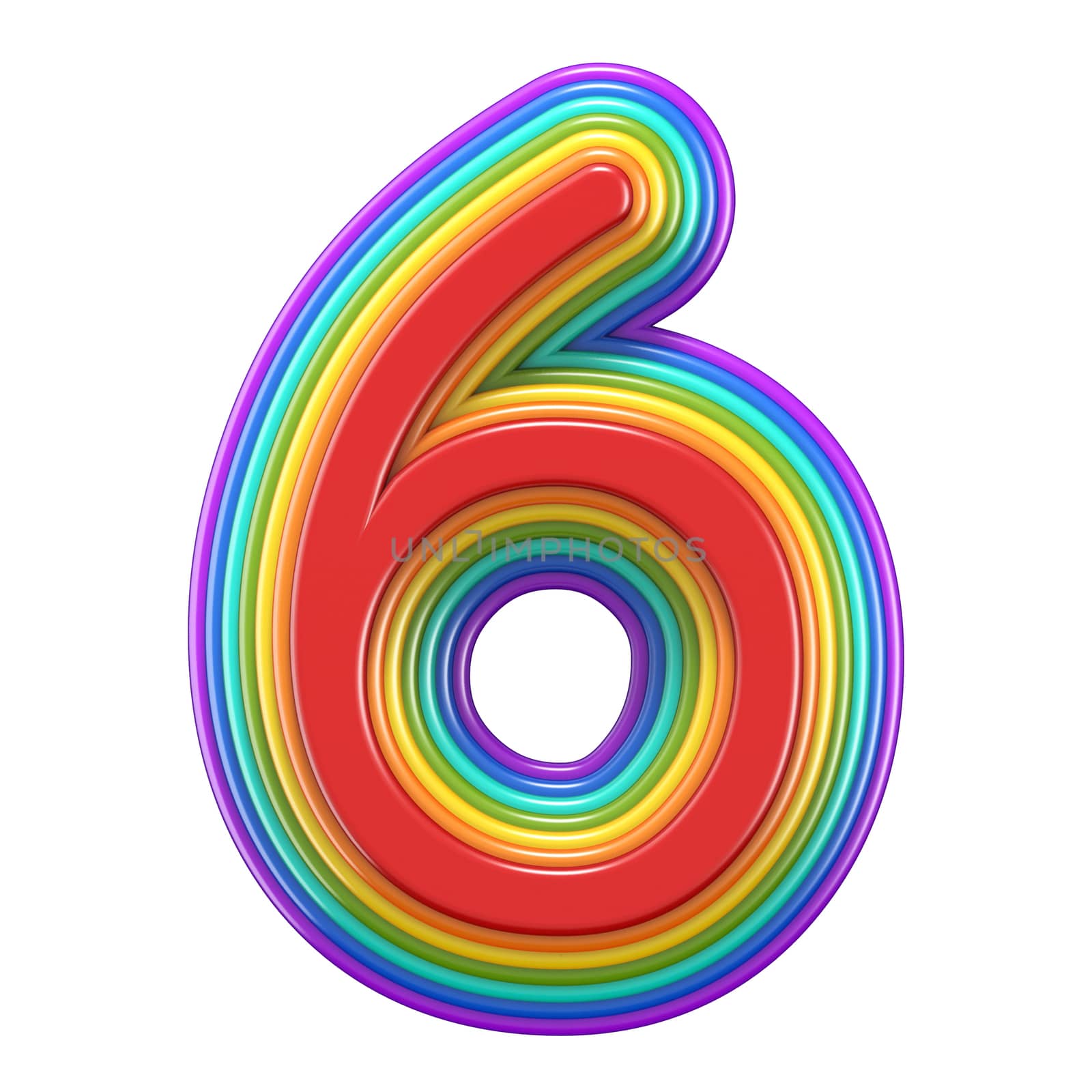 Concentric rainbow number 6 SIX 3D rendering illustration isolated on white background