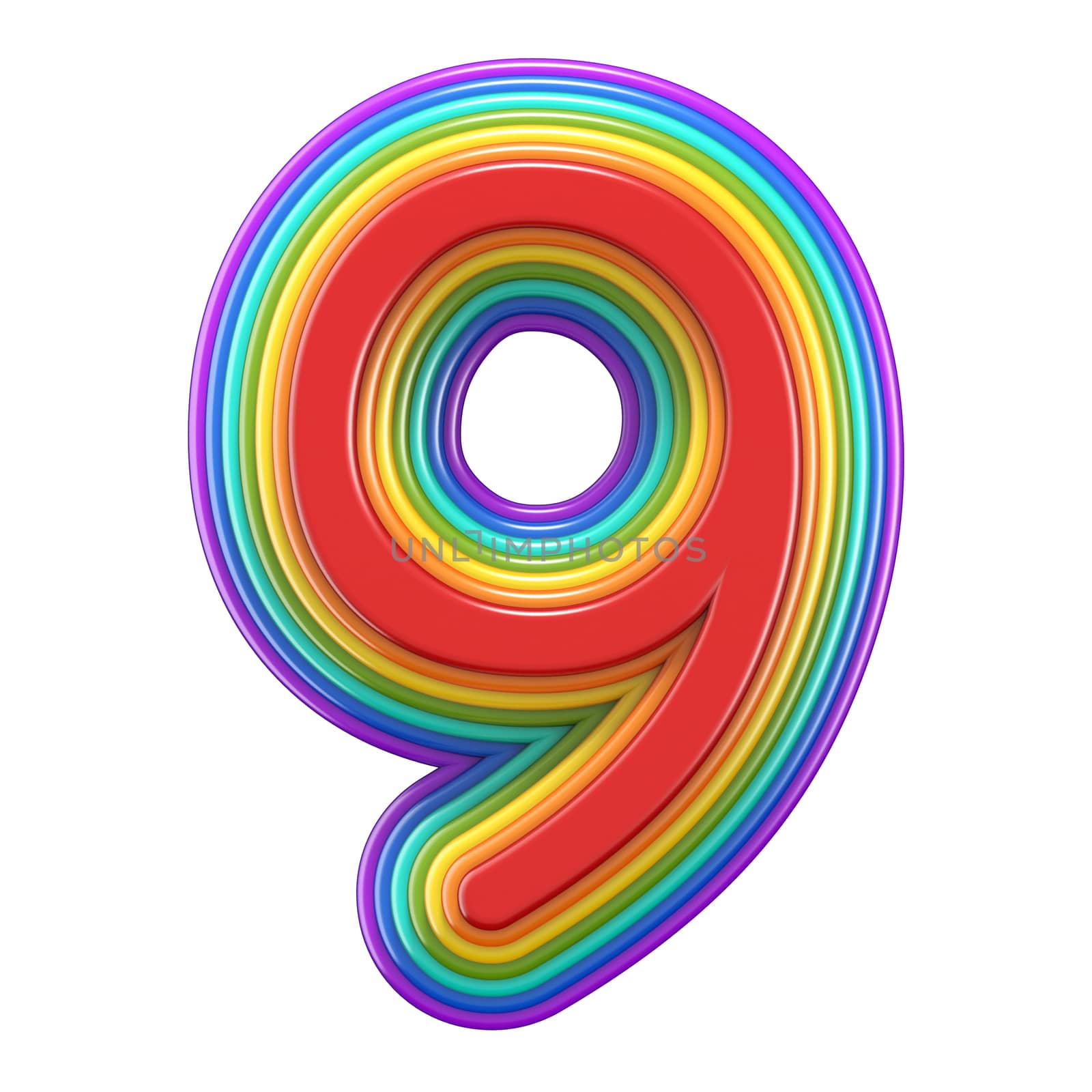 Concentric rainbow number 9 NINE 3D rendering illustration isolated on white background