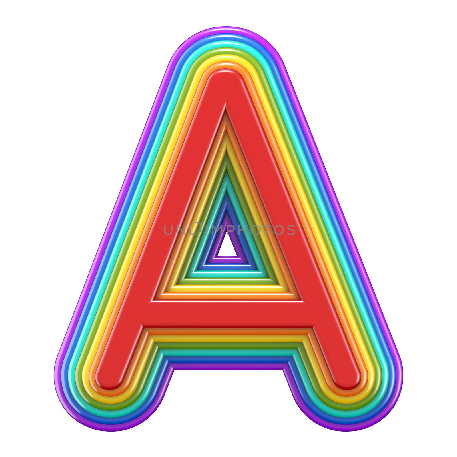 Concentric rainbow font letter A 3D rendering illustration isolated on white background