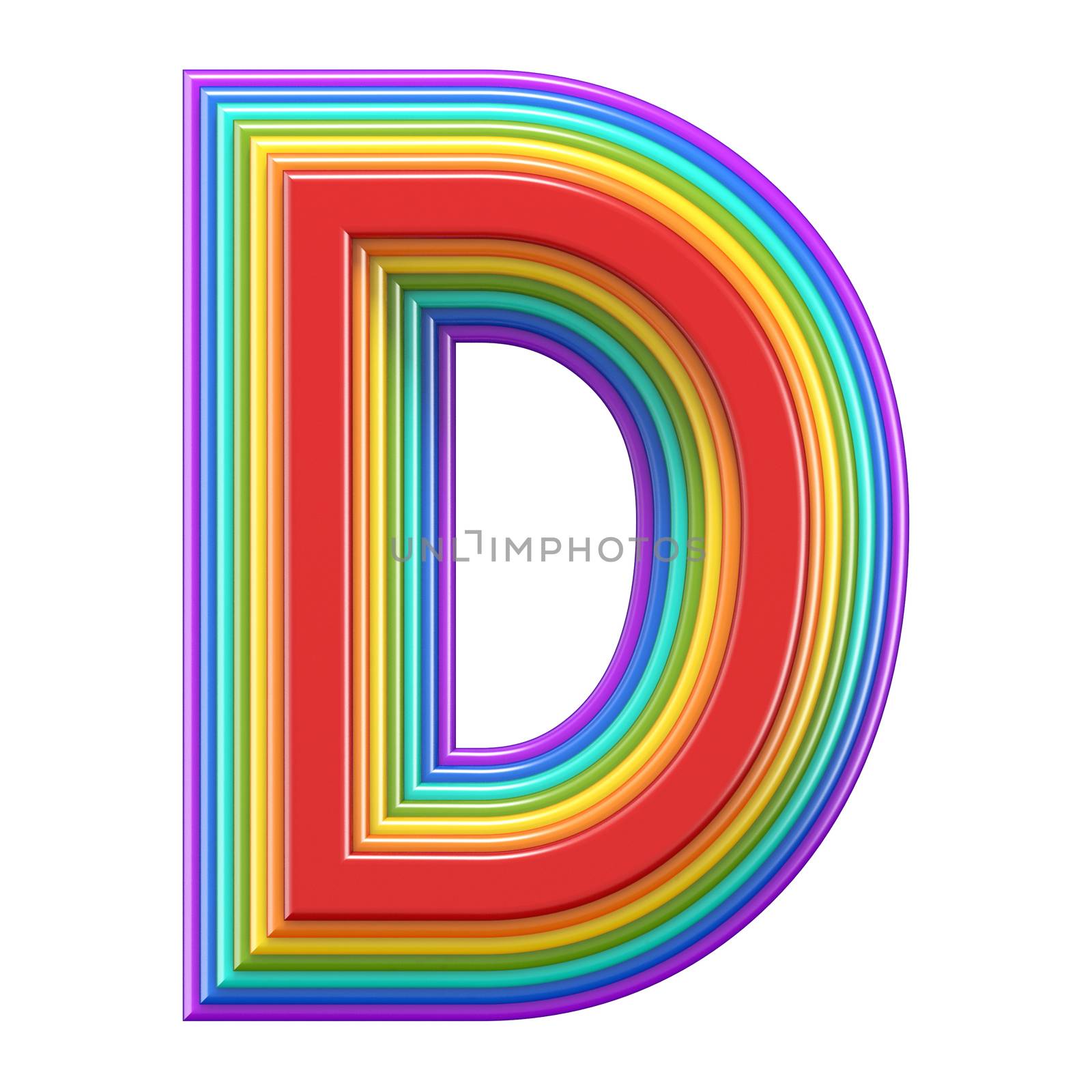 Concentric rainbow font letter D 3D rendering illustration isolated on white background