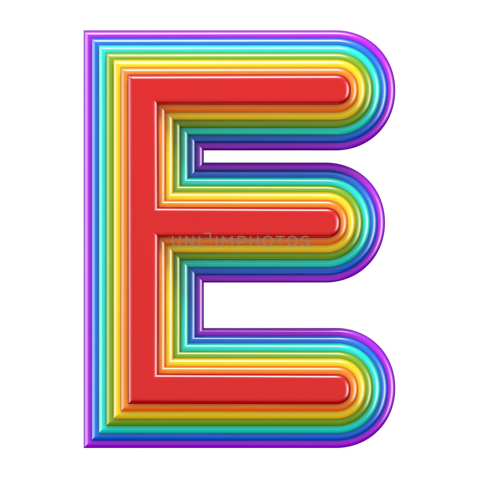 Concentric rainbow font letter E 3D rendering illustration isolated on white background