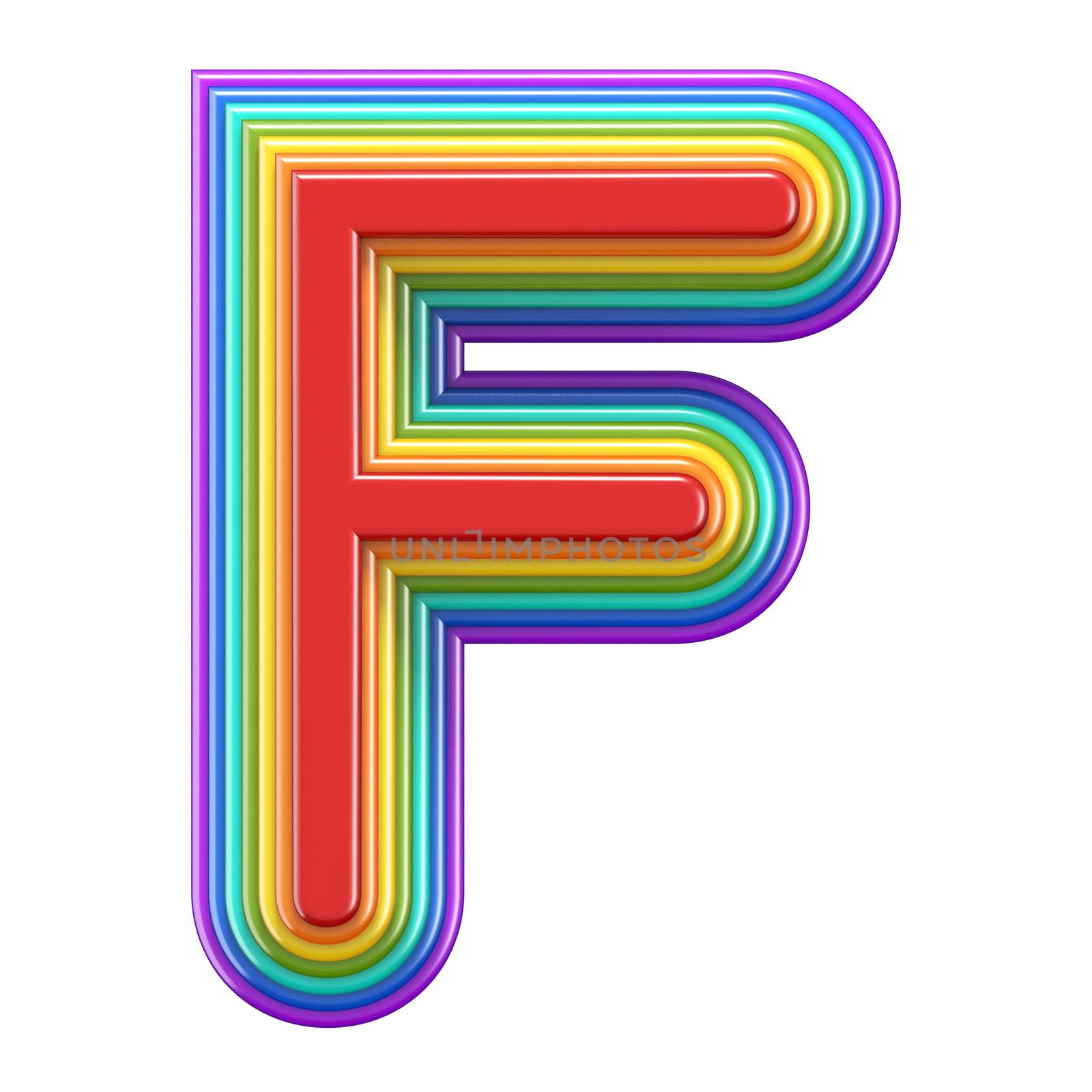 Concentric rainbow font letter F 3D rendering illustration isolated on white background