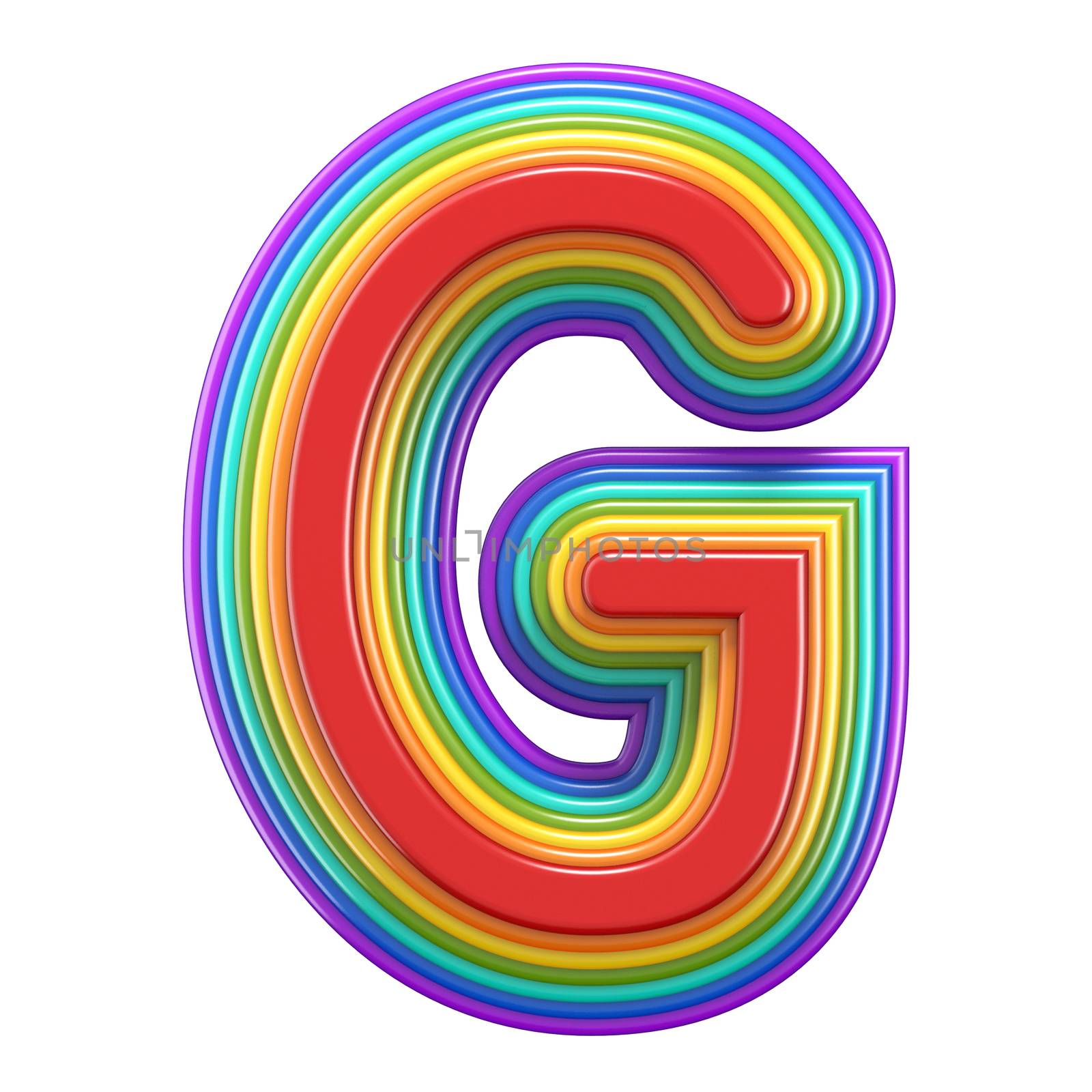 Concentric rainbow font letter G 3D rendering illustration isolated on white background