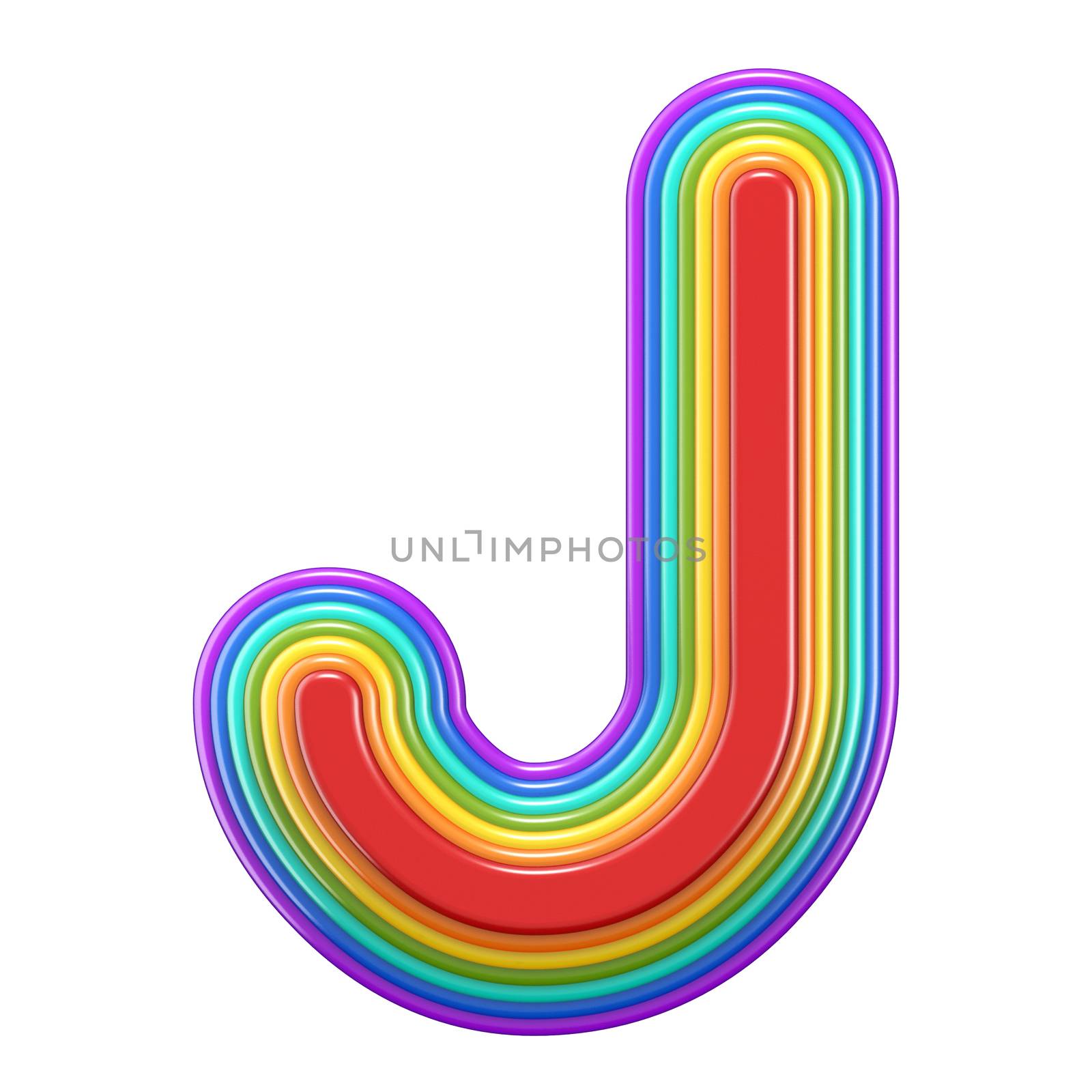 Concentric rainbow font letter J 3D rendering illustration isolated on white background