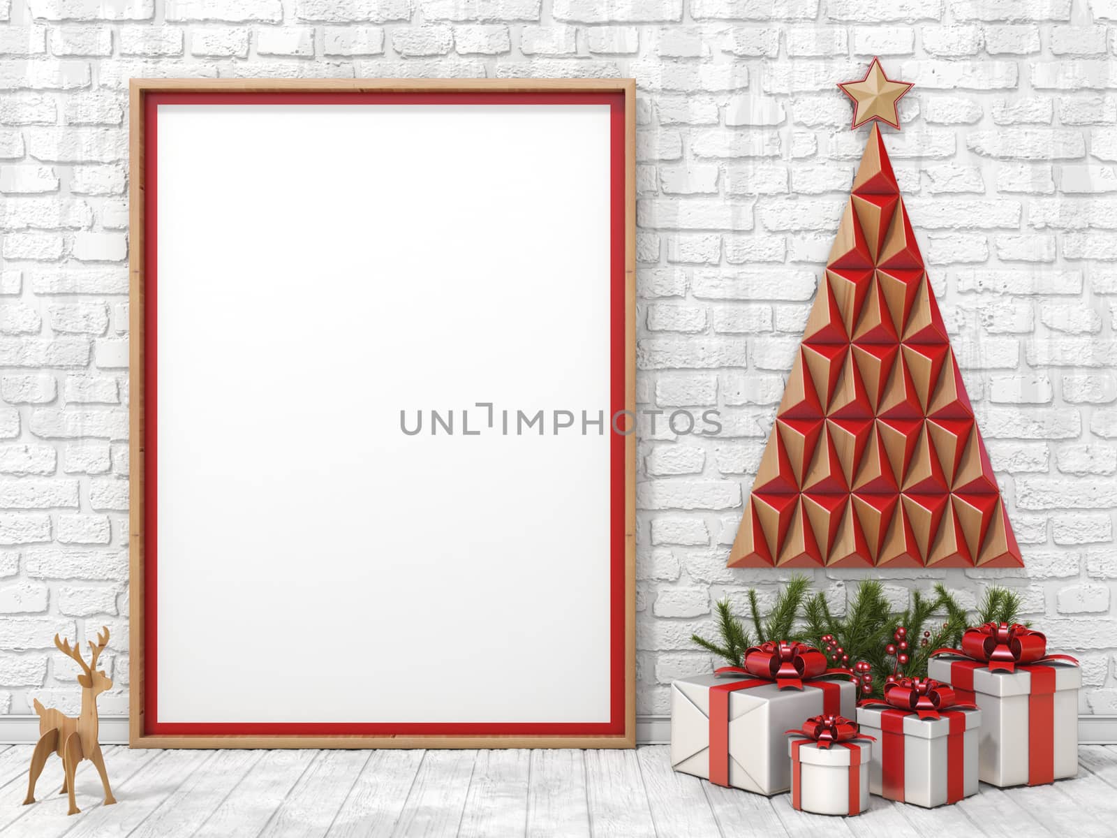 Blank picture frame Christmas decoration and gifts with ribbon bows 3D render illustration