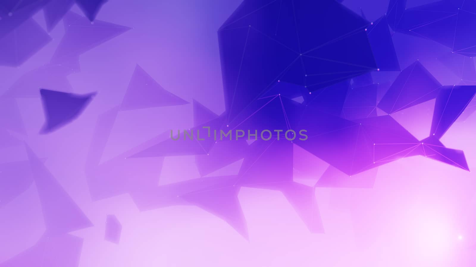 Connected polygonal plexus in a pink-blue background with fog. 3D illustration