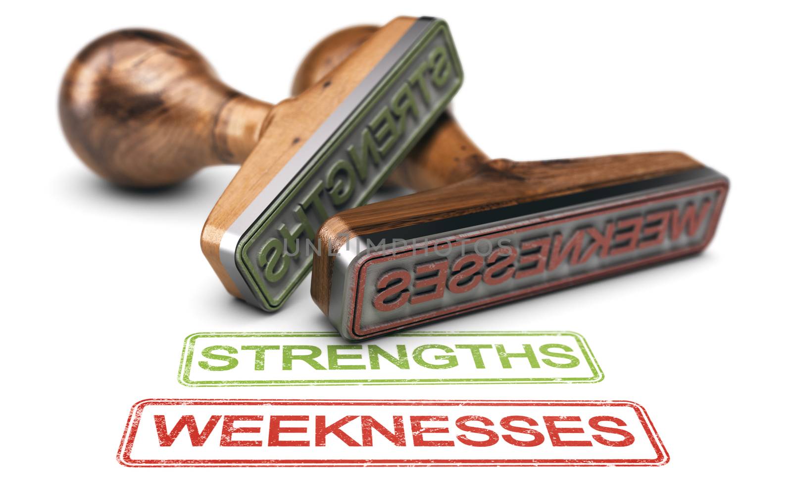 Strengths and Weeknesses Words And Two Rubber Stamps Over white  by Olivier-Le-Moal