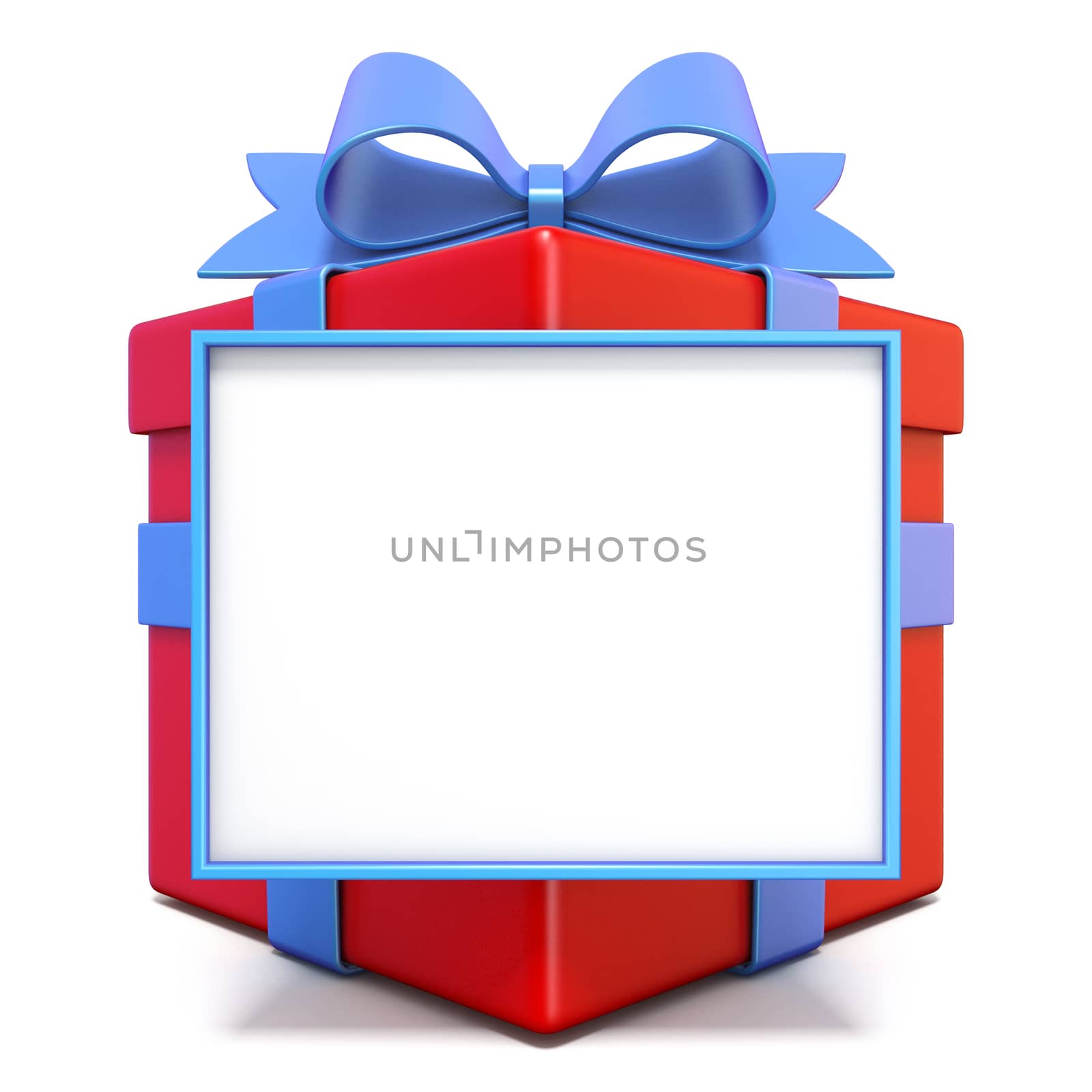 Red gift box with blue ribbon and blank board 3D rendering illustration isolated on white background
