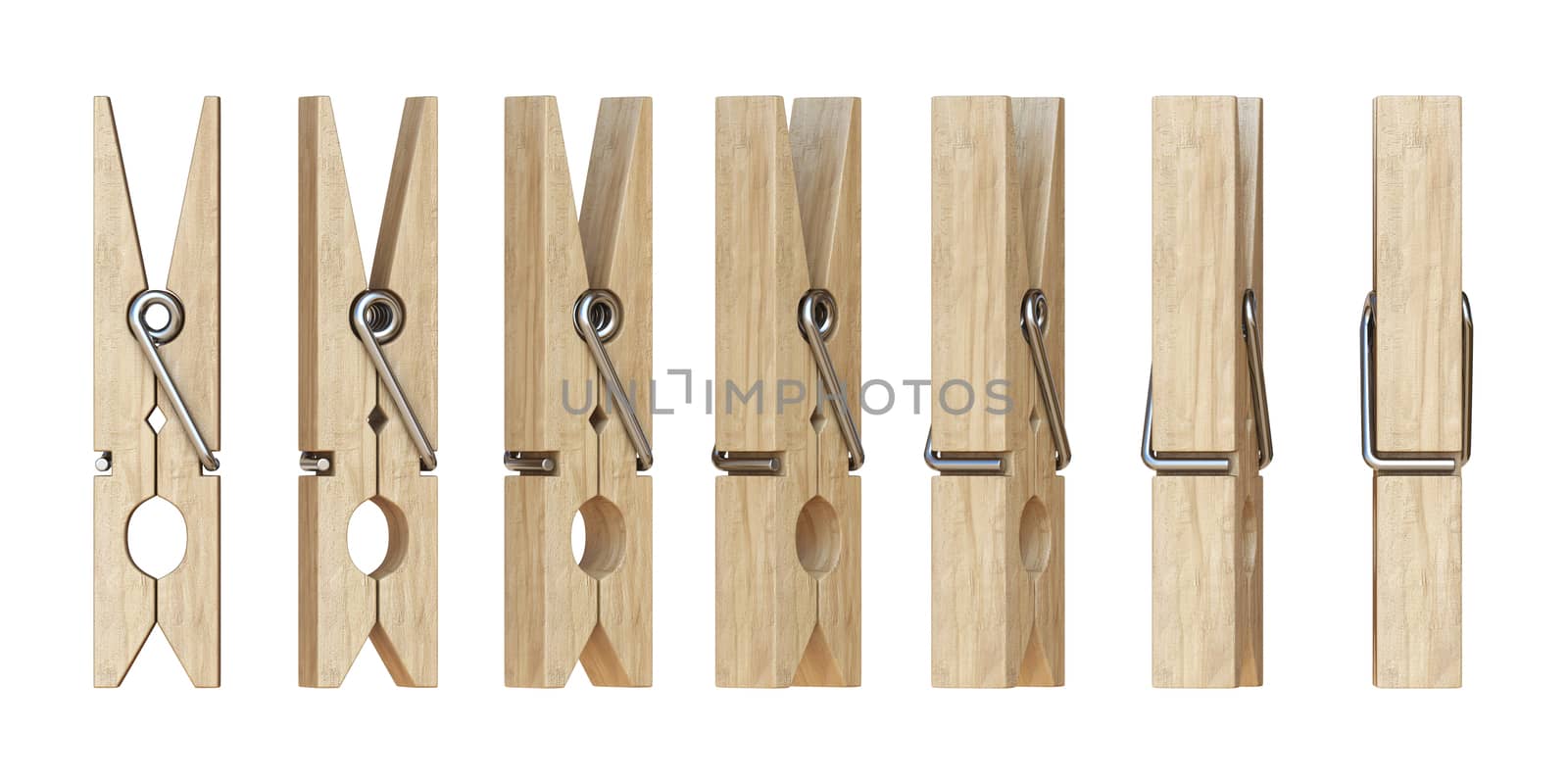 Wooden clothespins 3D rendering illustration isolated on white background