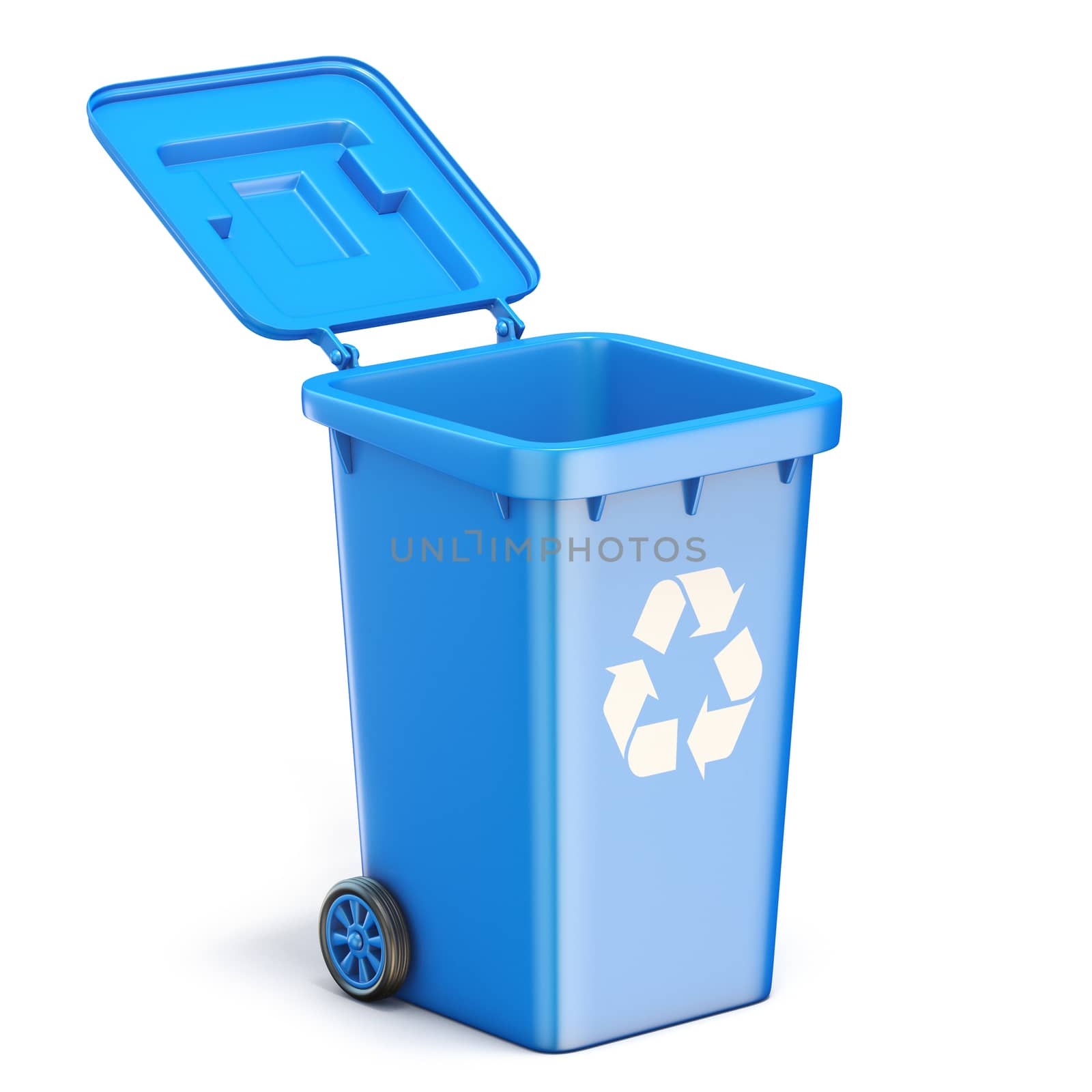 Blue plastic recycle bin opened 3D render illustration isolated on white background
