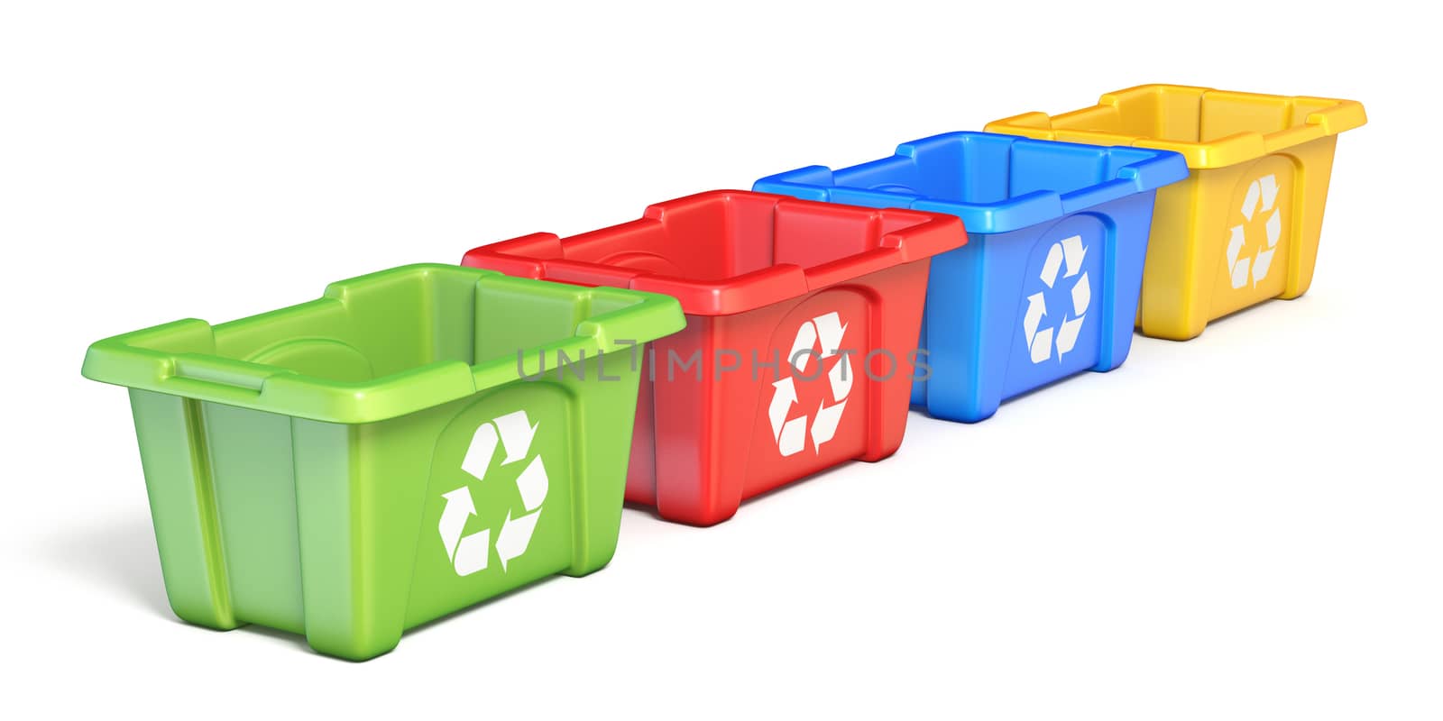 Four colorful recycle bins 3D rendering illustration isolated on white background