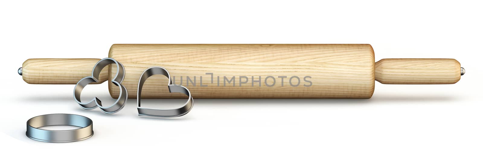 Wooden rolling pin and cookie cutter 3D rendering illustration isolated on white background
