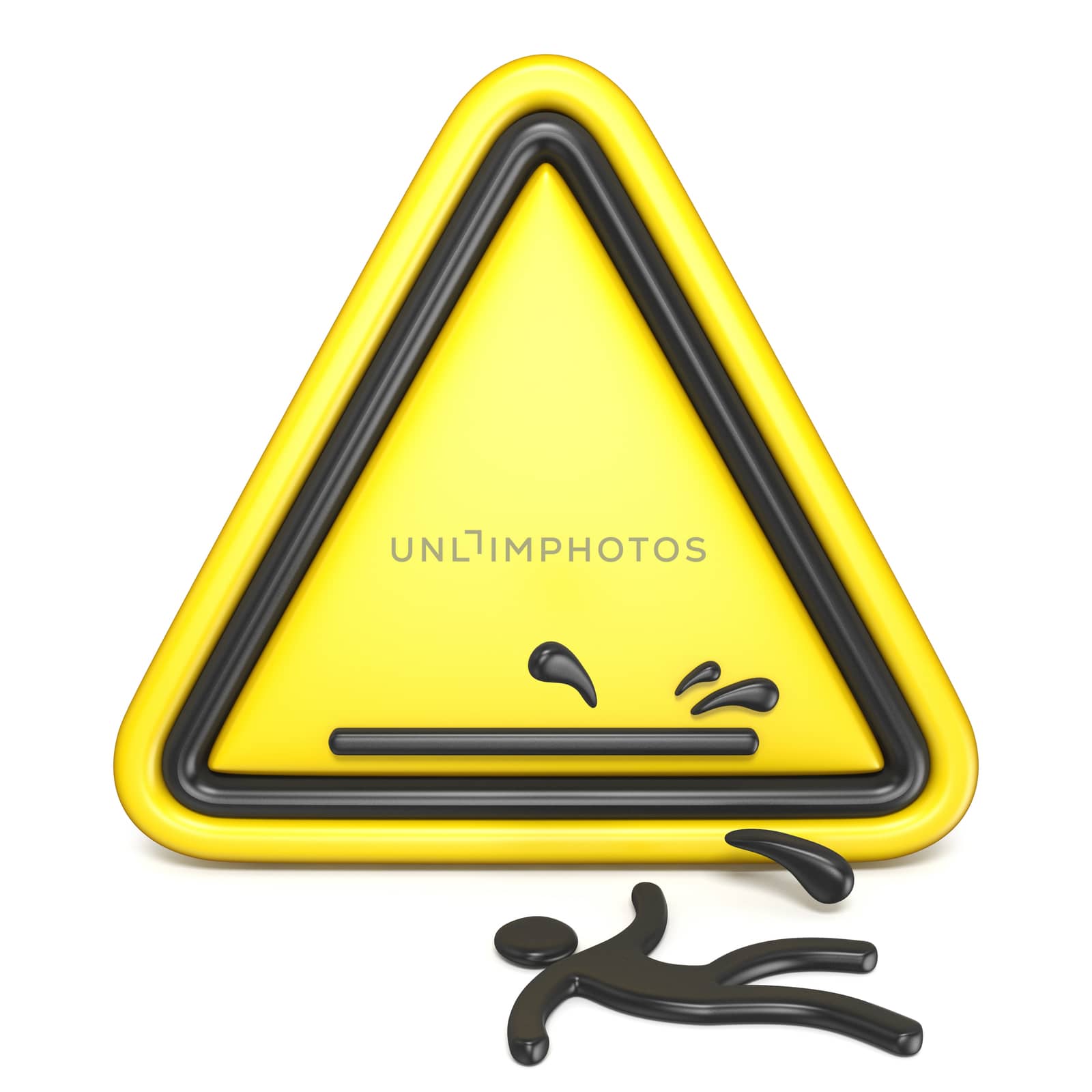 Comic funny wet floor sign with falling man 3D rendering illustration isolated on white background