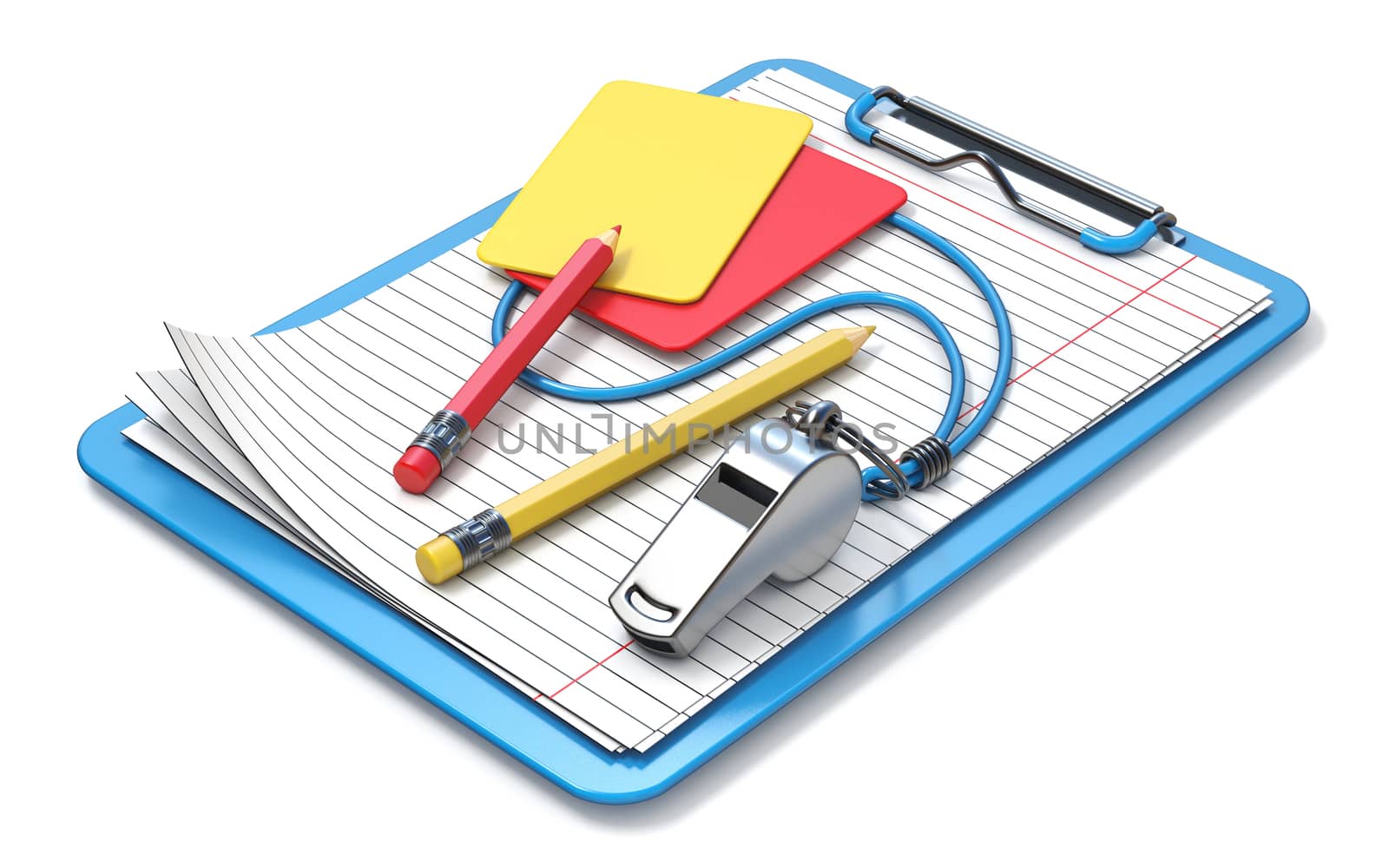 Whistle, pencils, red, yellow card and clipboard 3D by djmilic