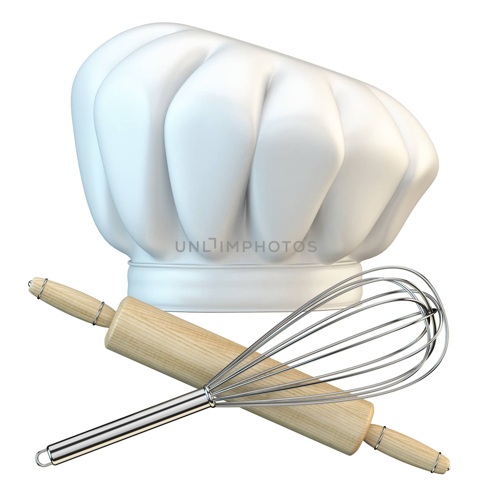 White chef hat with steel whisk and rolling pin 3D rendering illustration isolated on white background