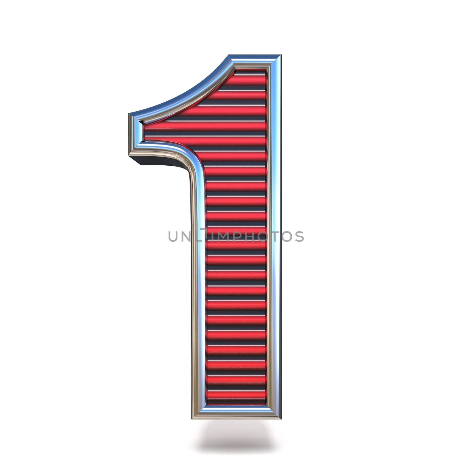 Metal red lines font Number ONE 1 3D render illustration isolated on white background