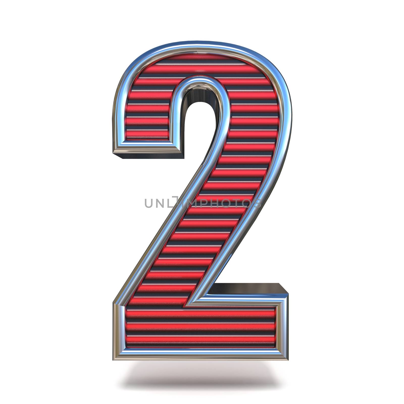 Metal red lines font Number TWO 2 3D render illustration isolated on white background