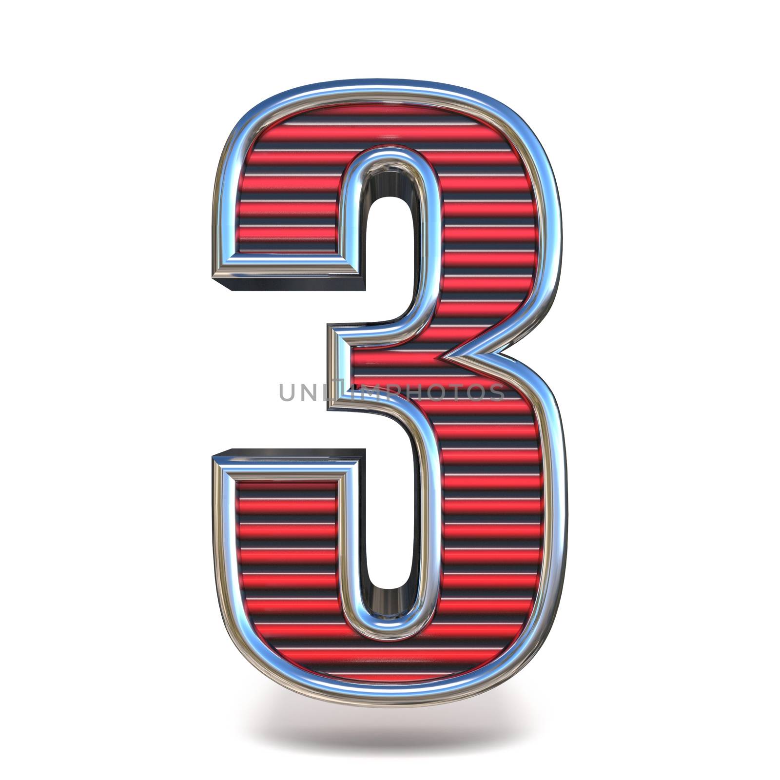 Metal red lines font Number THREE 3 3D render illustration isolated on white background