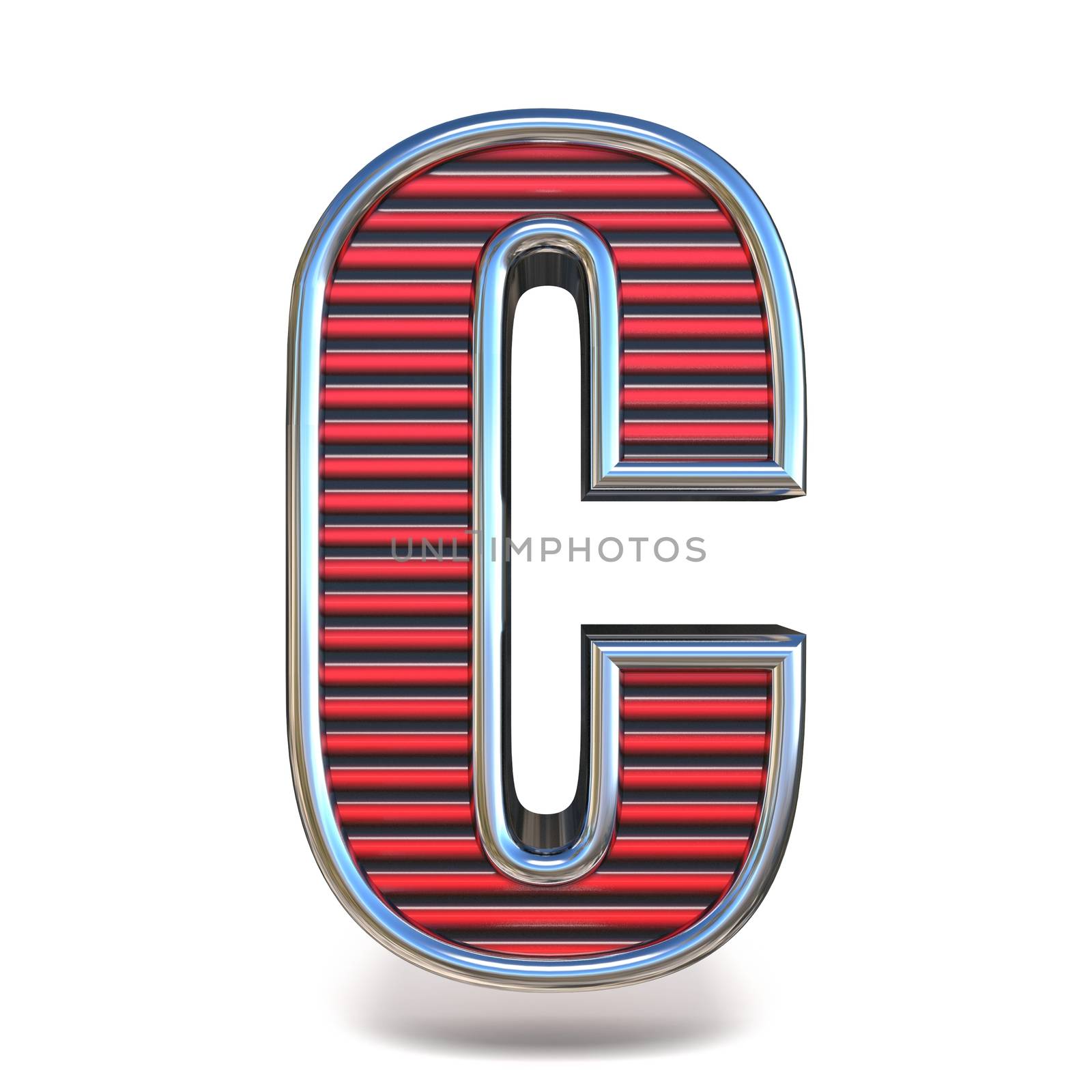 Metal red lines font Letter C 3D render illustration isolated on white background
