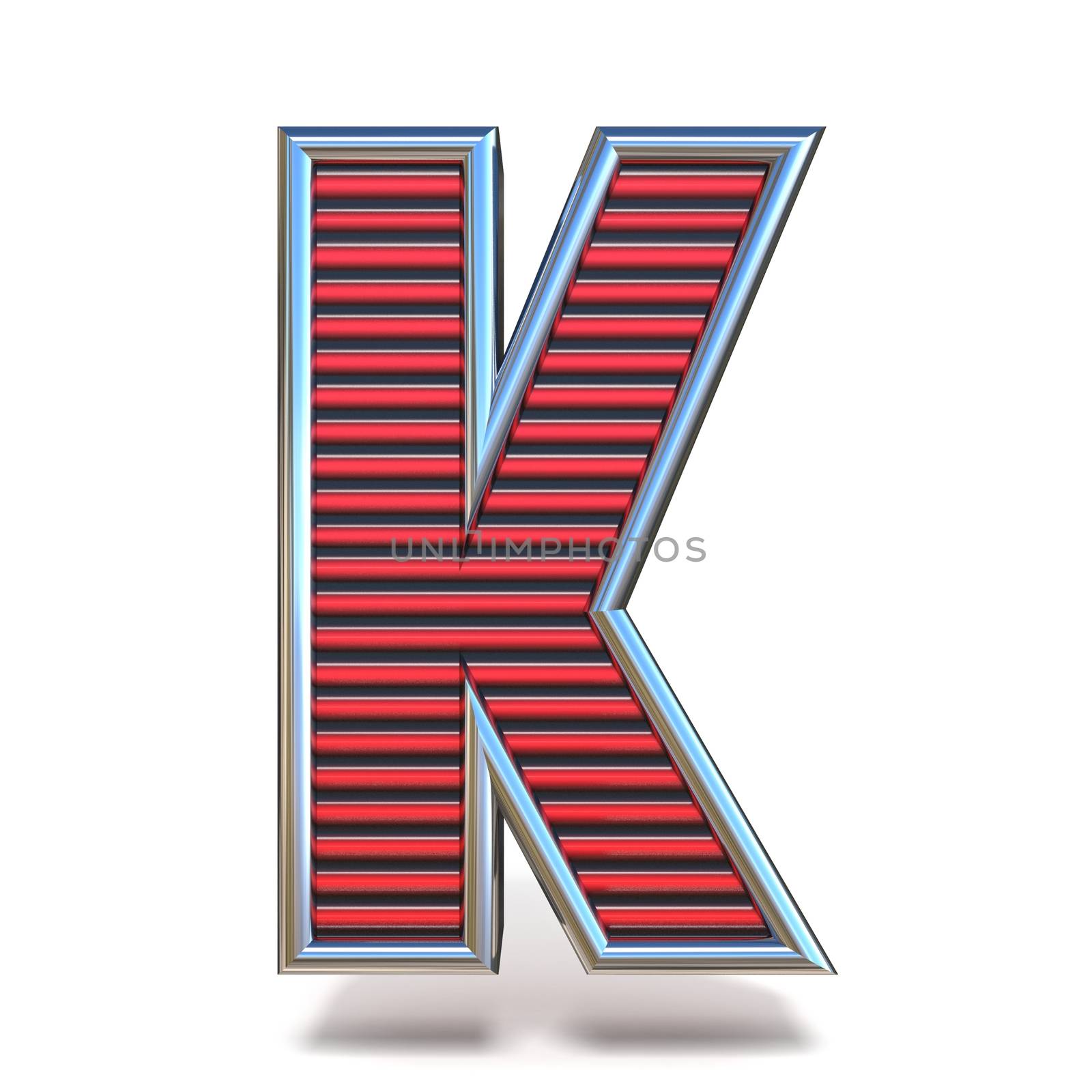 Metal red lines font Letter K 3D render illustration isolated on white background