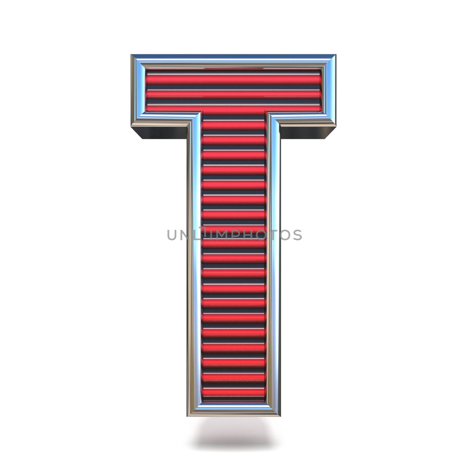 Metal red lines font Letter T 3D render illustration isolated on white background