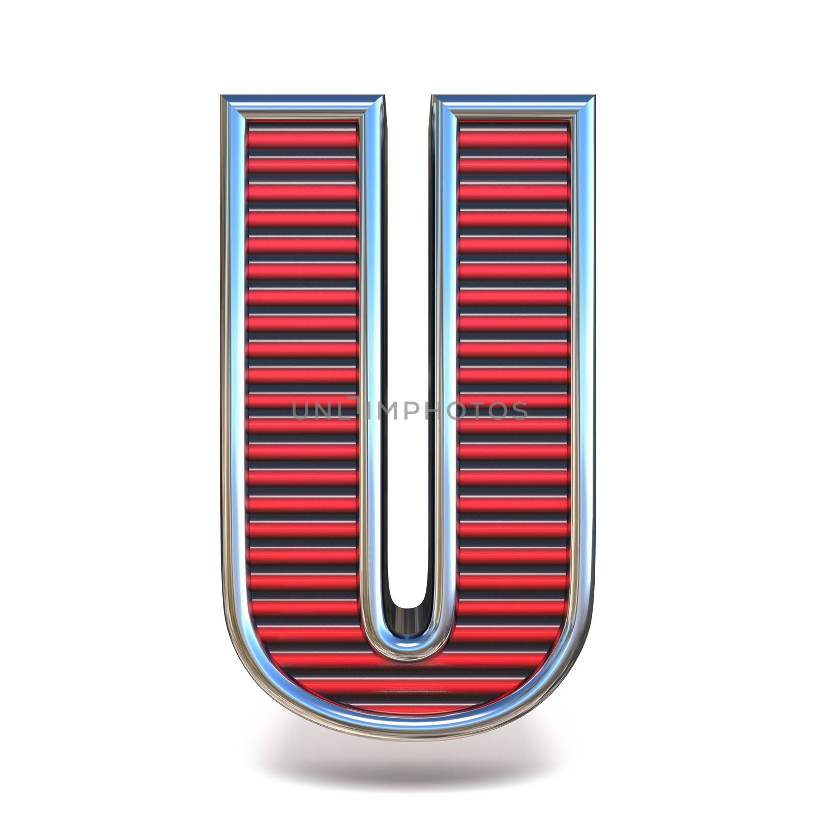 Metal red lines font Letter U 3D render illustration isolated on white background