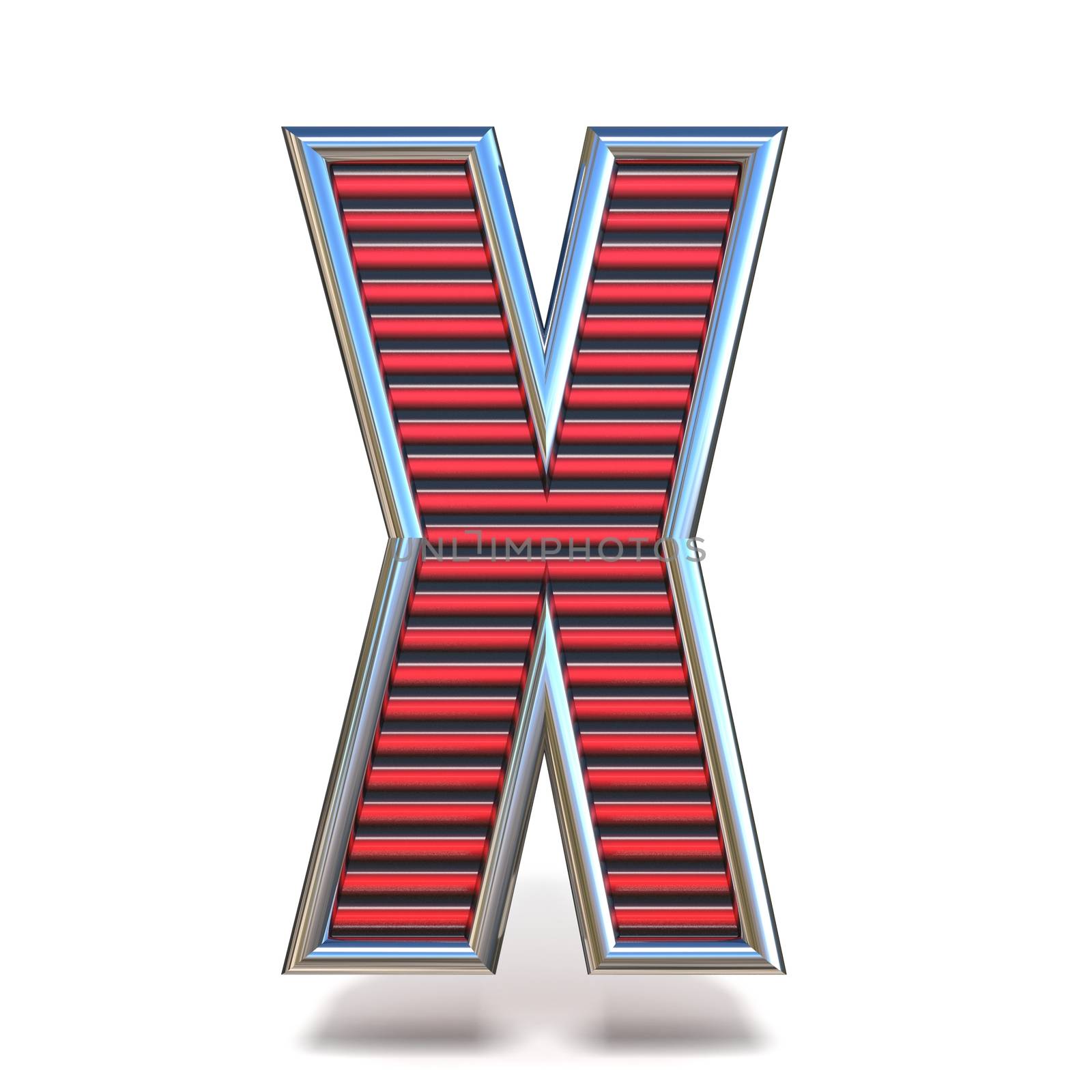 Metal red lines font Letter X 3D render illustration isolated on white background