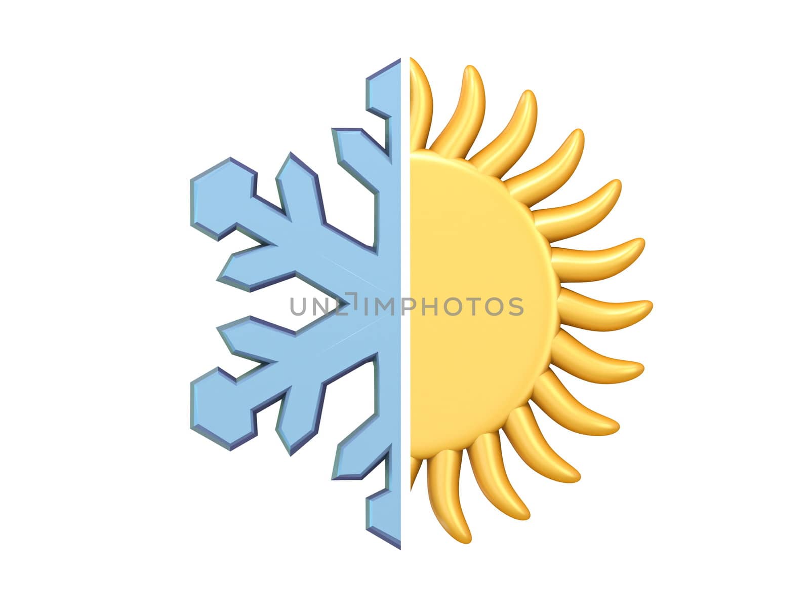 Weather icon half SUN half SNOWFLAKE 3D render illustration isolated on white background