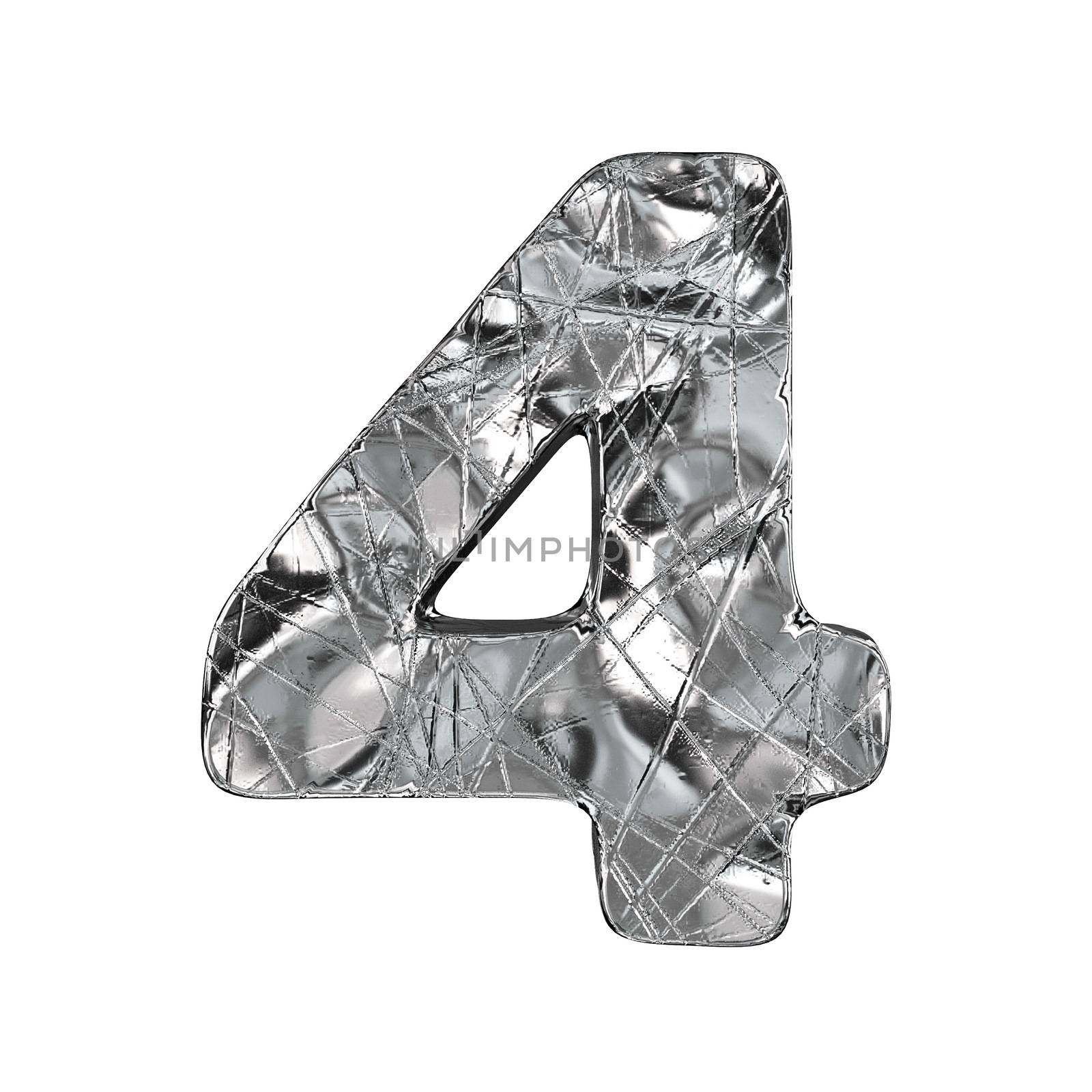 Grunge aluminium foil font number 4 FOUR 3D render illustration isolated on white background