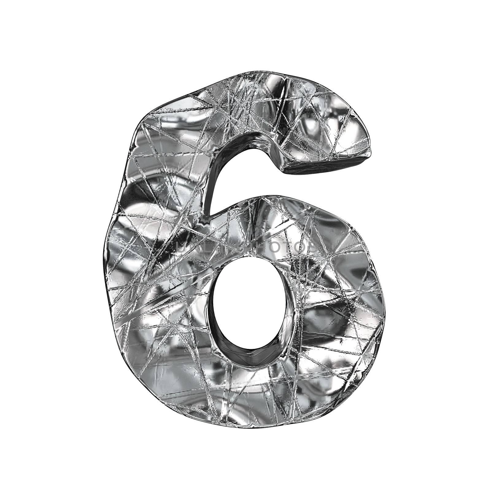 Grunge aluminium foil font number 6 SIX 3D render illustration isolated on white background