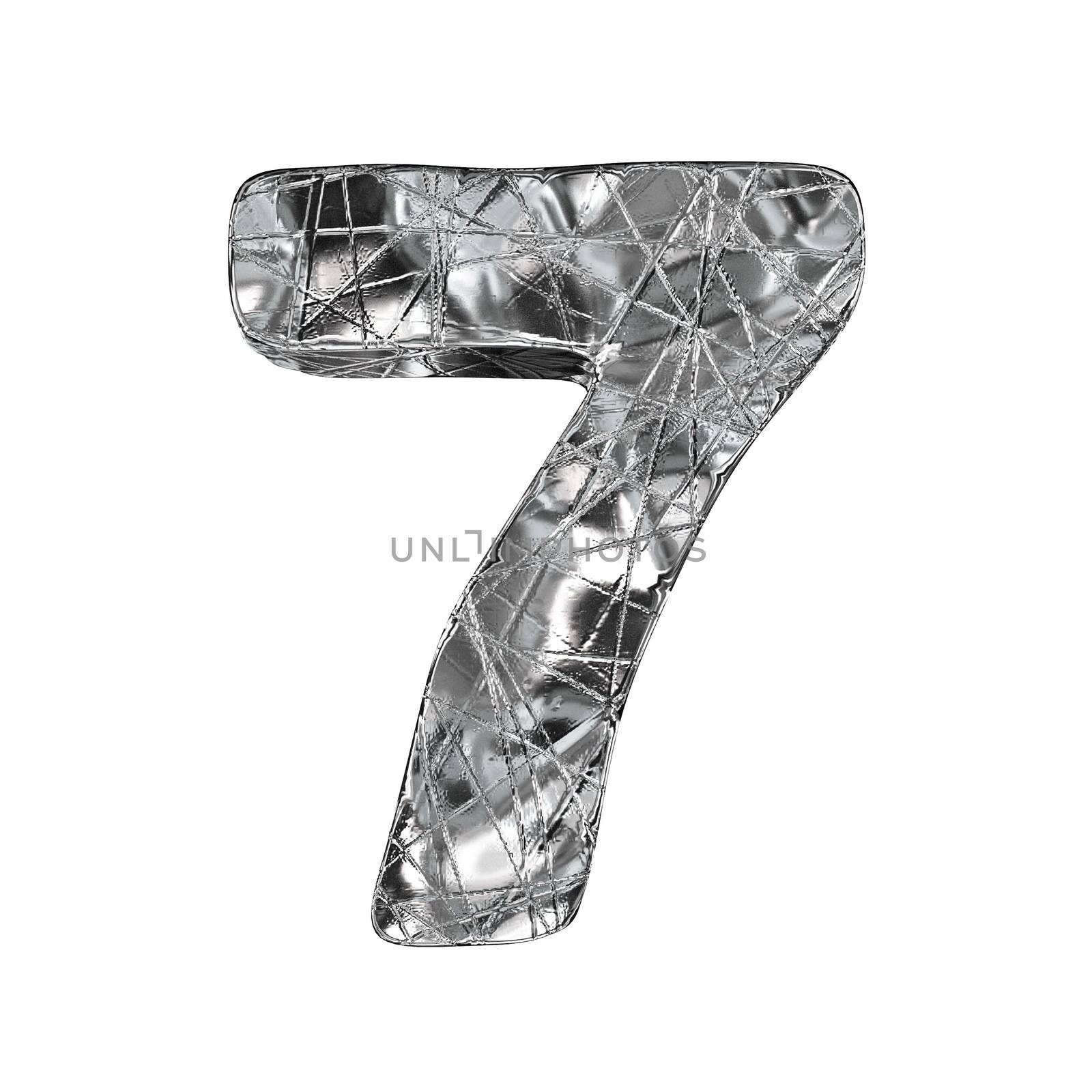 Grunge aluminium foil font number 7 SEVEN 3D render illustration isolated on white background