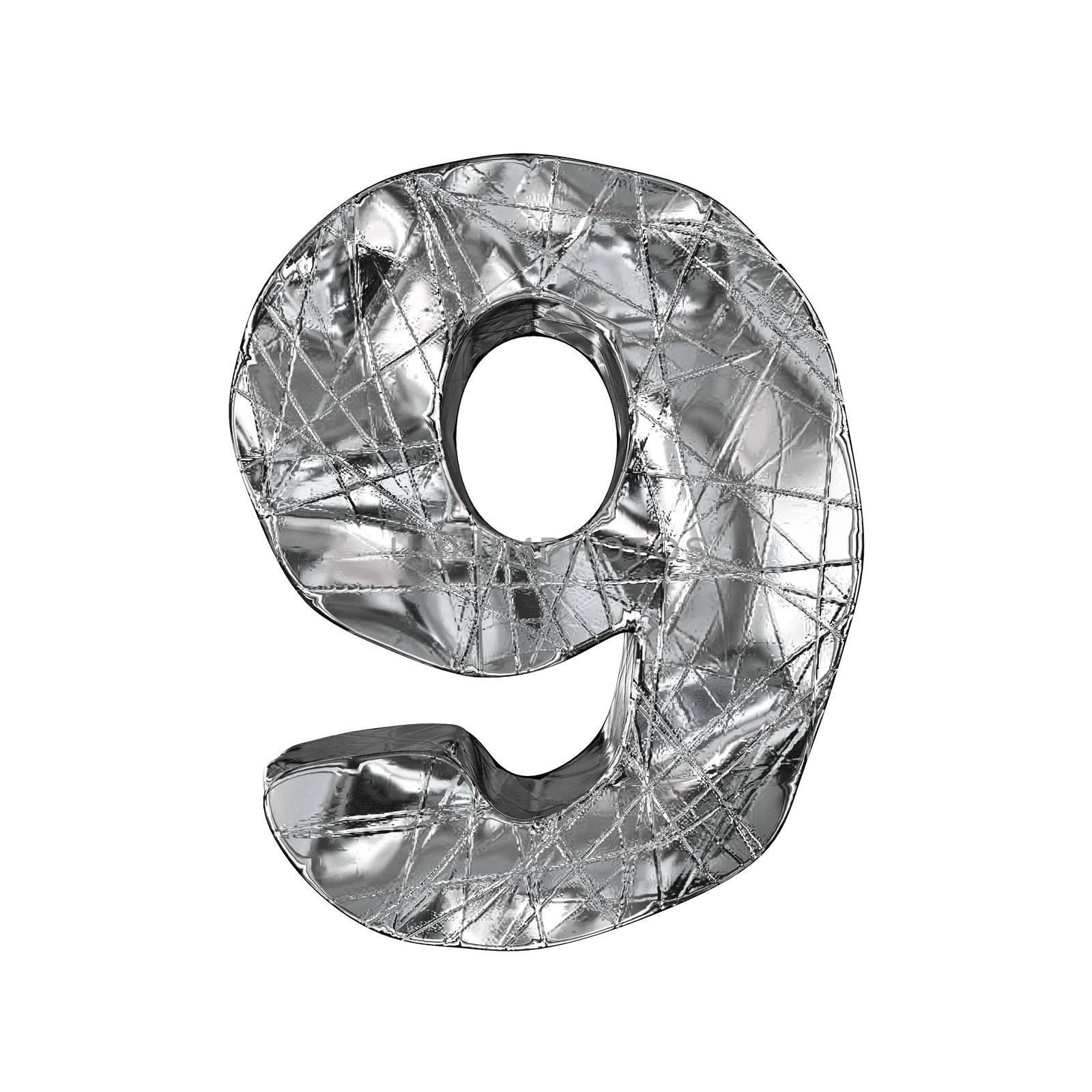 Grunge aluminium foil font number 9 NINE 3D by djmilic