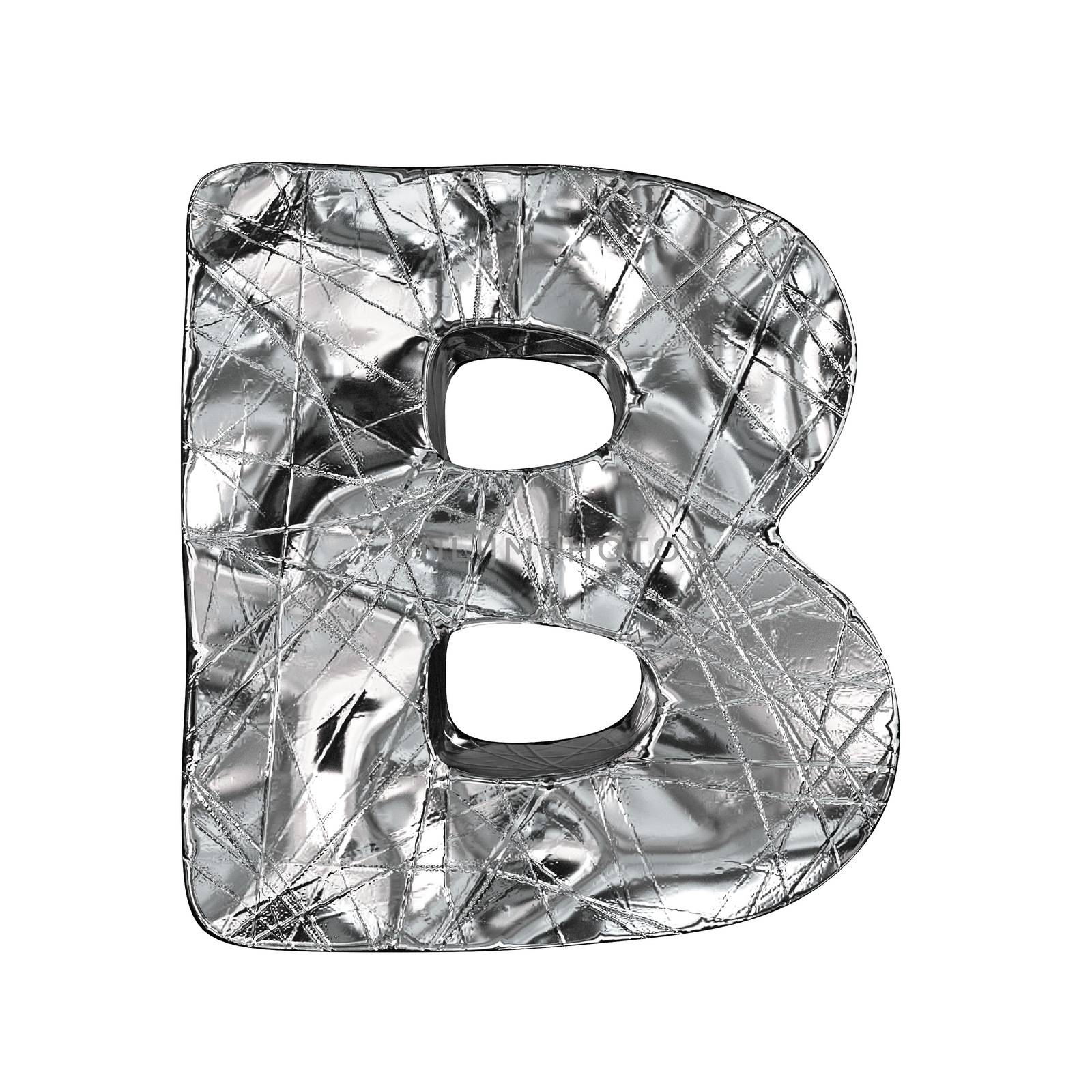 Grunge aluminium foil font letter B 3D render illustration isolated on white background