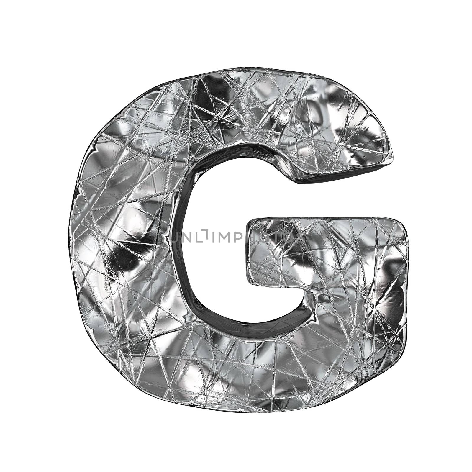 Grunge aluminium foil font letter G 3D render illustration isolated on white background