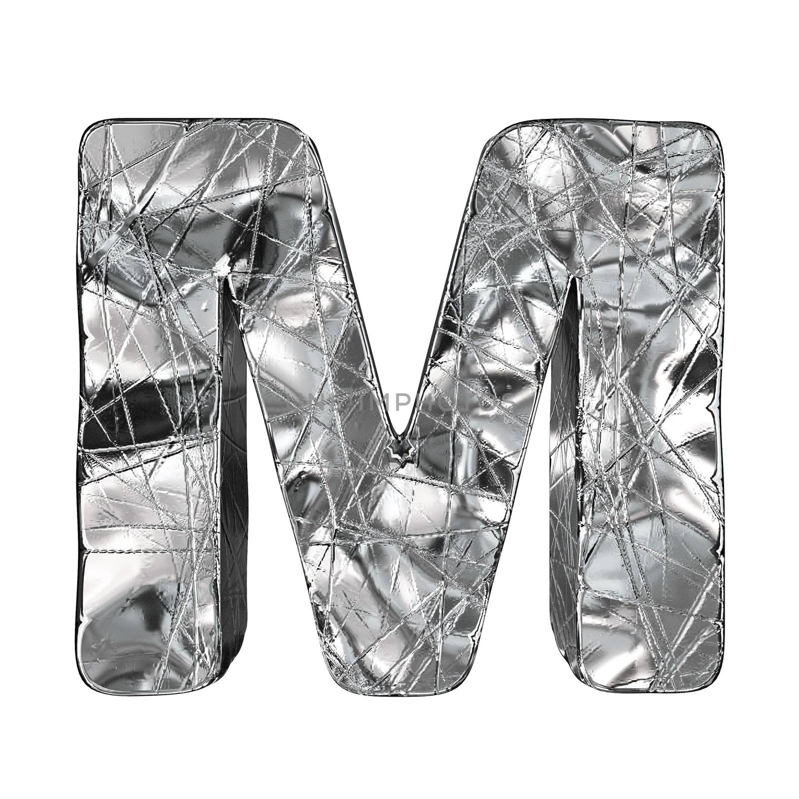 Grunge aluminium foil font letter M 3D render illustration isolated on white background