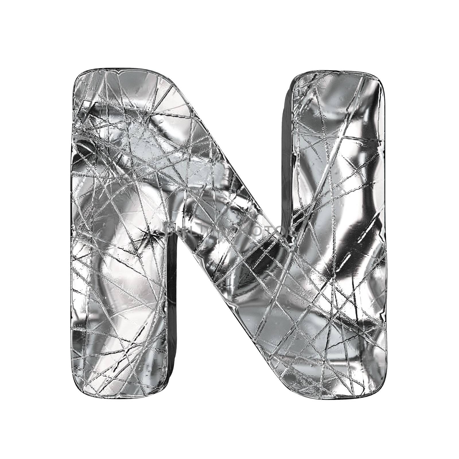 Grunge aluminium foil font letter N 3D render illustration isolated on white background