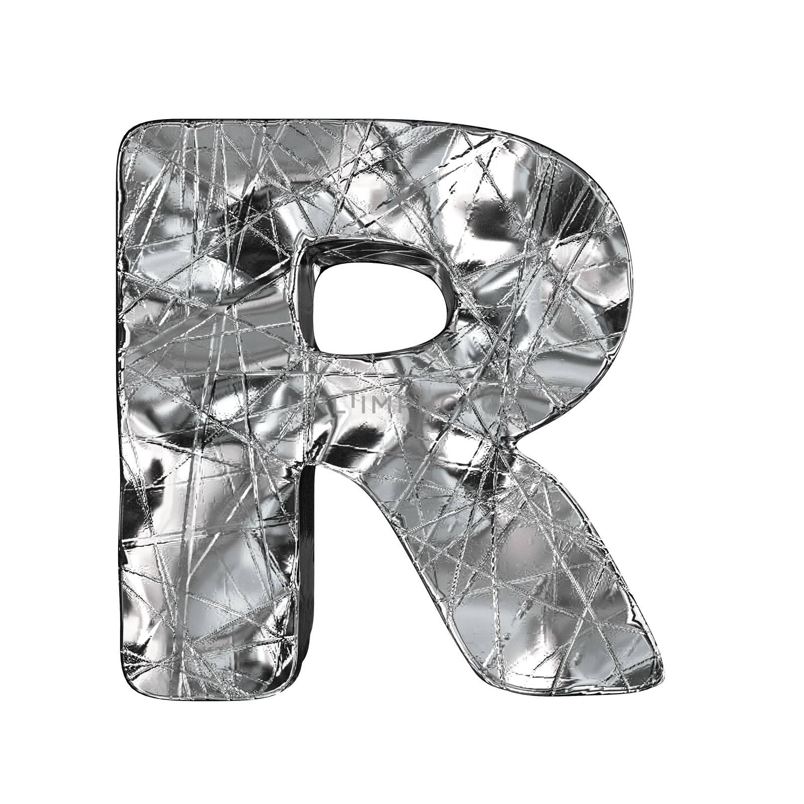 Grunge aluminium foil font letter R 3D render illustration isolated on white background