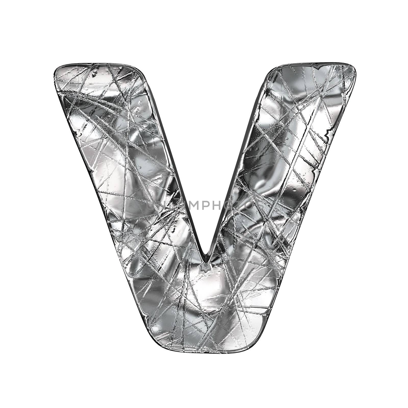 Grunge aluminium foil font letter V 3D render illustration isolated on white background