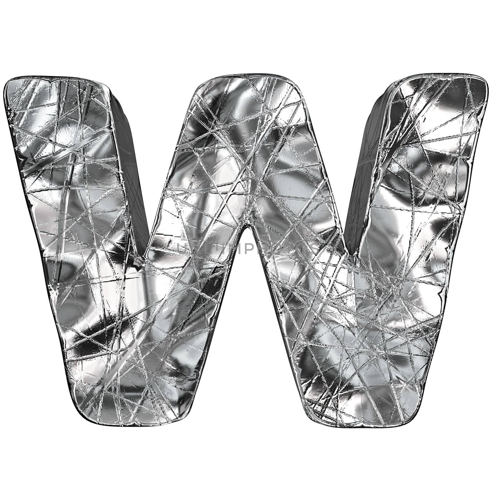 Grunge aluminium foil font letter W 3D render illustration isolated on white background