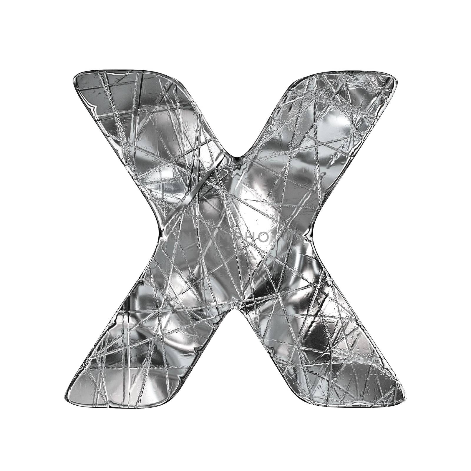Grunge aluminium foil font letter X 3D render illustration isolated on white background