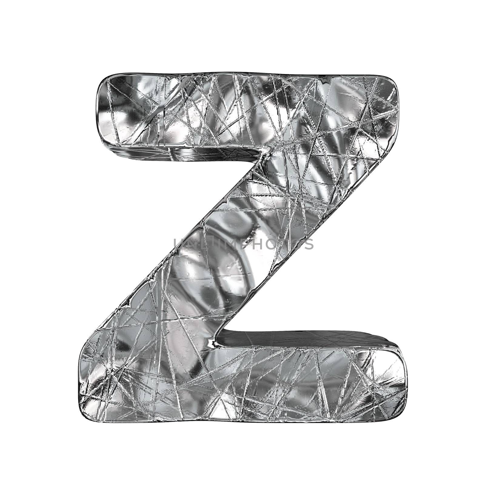Grunge aluminium foil font letter Z 3D render illustration isolated on white background