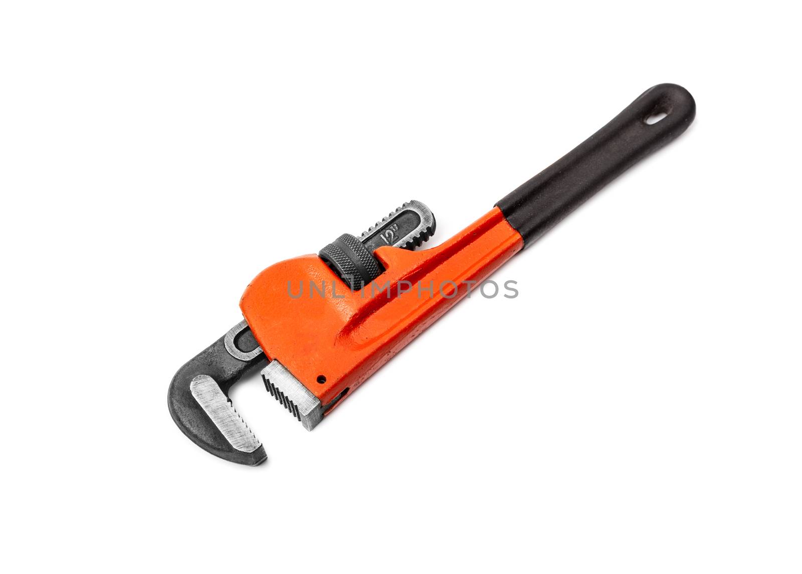 Red pipe wrench isolated on white background. 