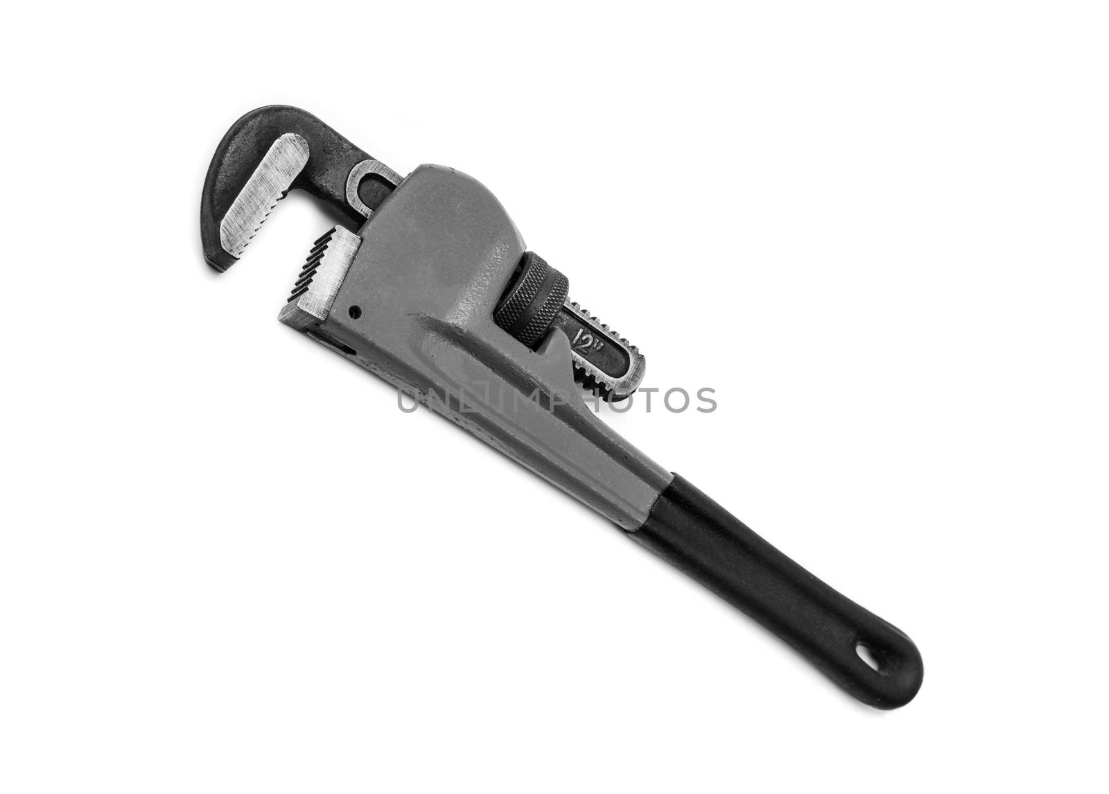 Black pipe wrench isolated on white background. 