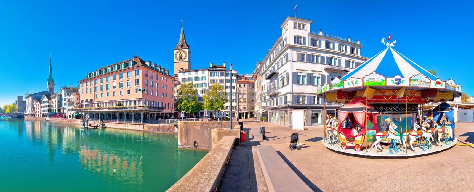 Zurich and Limmat river waterfront colorful panorama by xbrchx