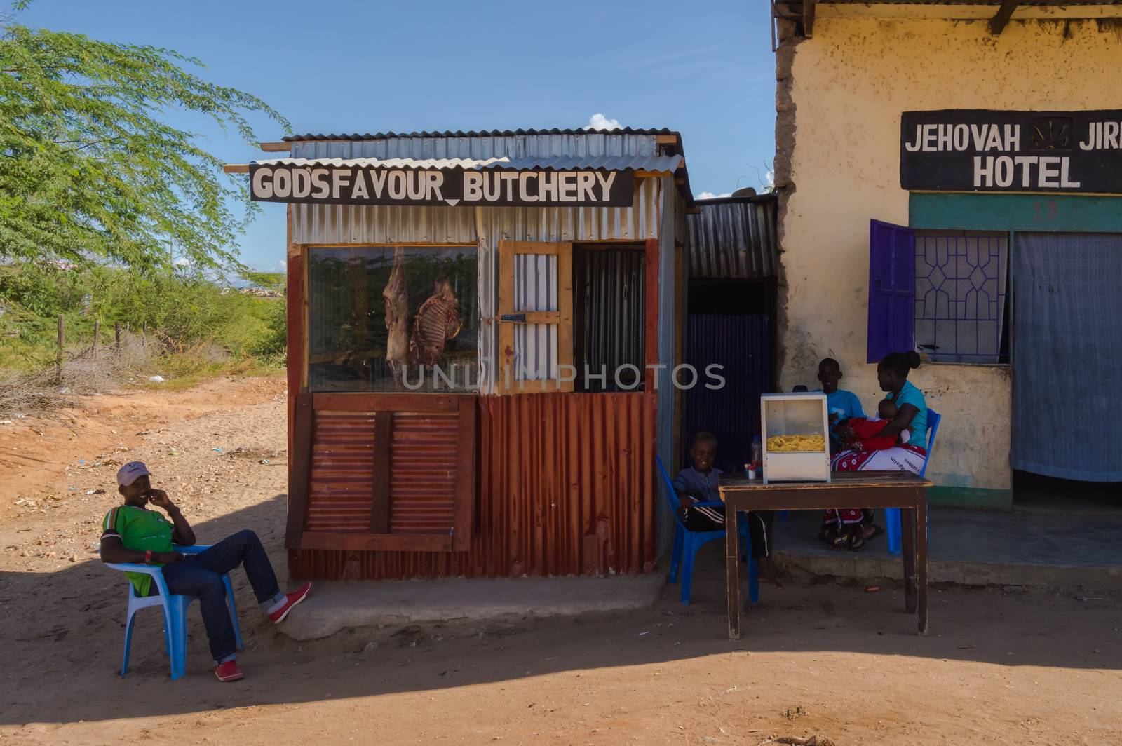 KENYA, samburu- 01 January 2019:A wooden butcher's bar next to a small hotel on the trail of Samburu National Park in central Kenya, Africa