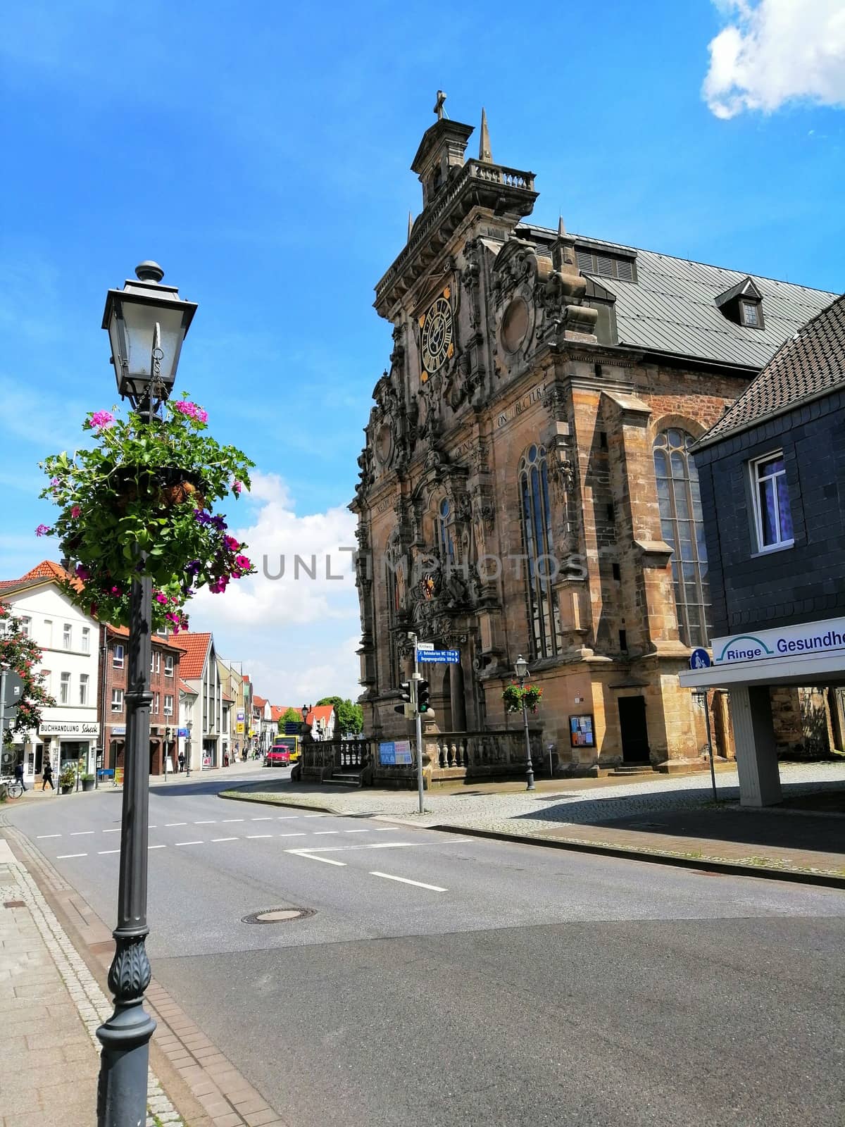 Beautiful view of historic traditional houses in old town in Europe with blue sky and clouds in summer. Buckeburg, Germany.