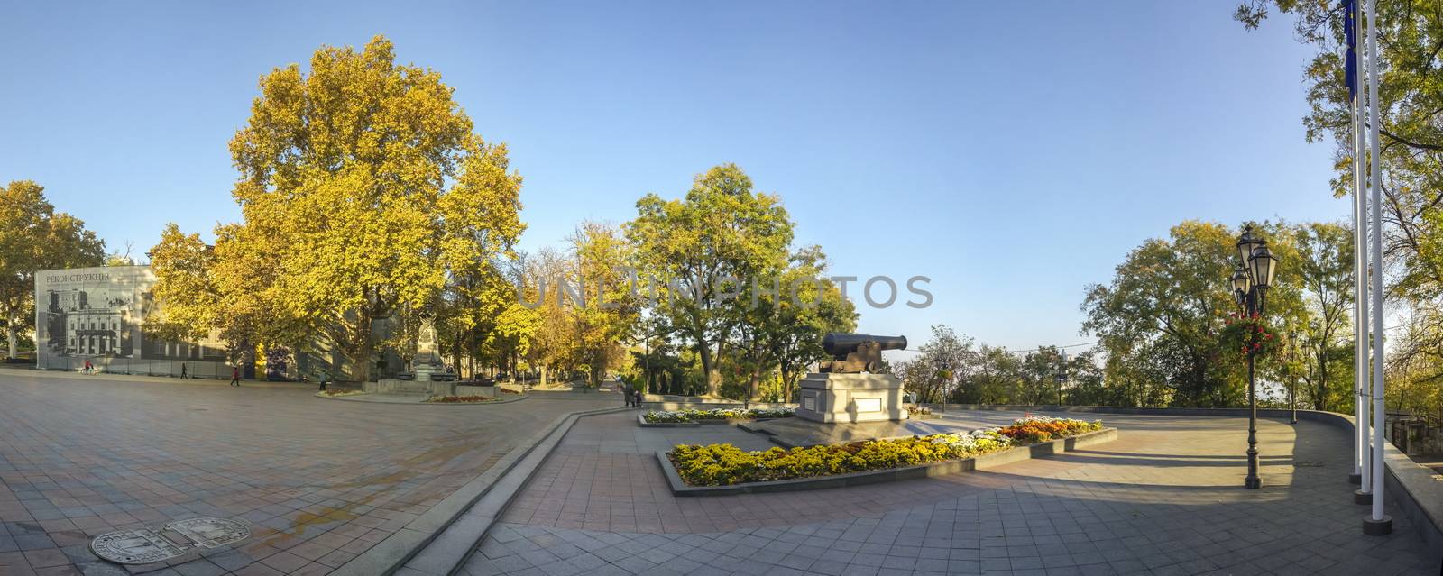 Odessa, Ukraine - 09.11.2018. Early autumn morning on Primorsky Boulevard in Odessa, Ukraine. Panoramic view