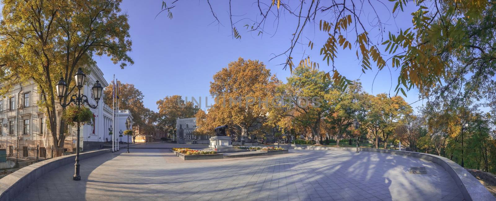 Odessa, Ukraine - 09.11.2018. Early autumn morning on Primorsky Boulevard in Odessa, Ukraine. Panoramic view